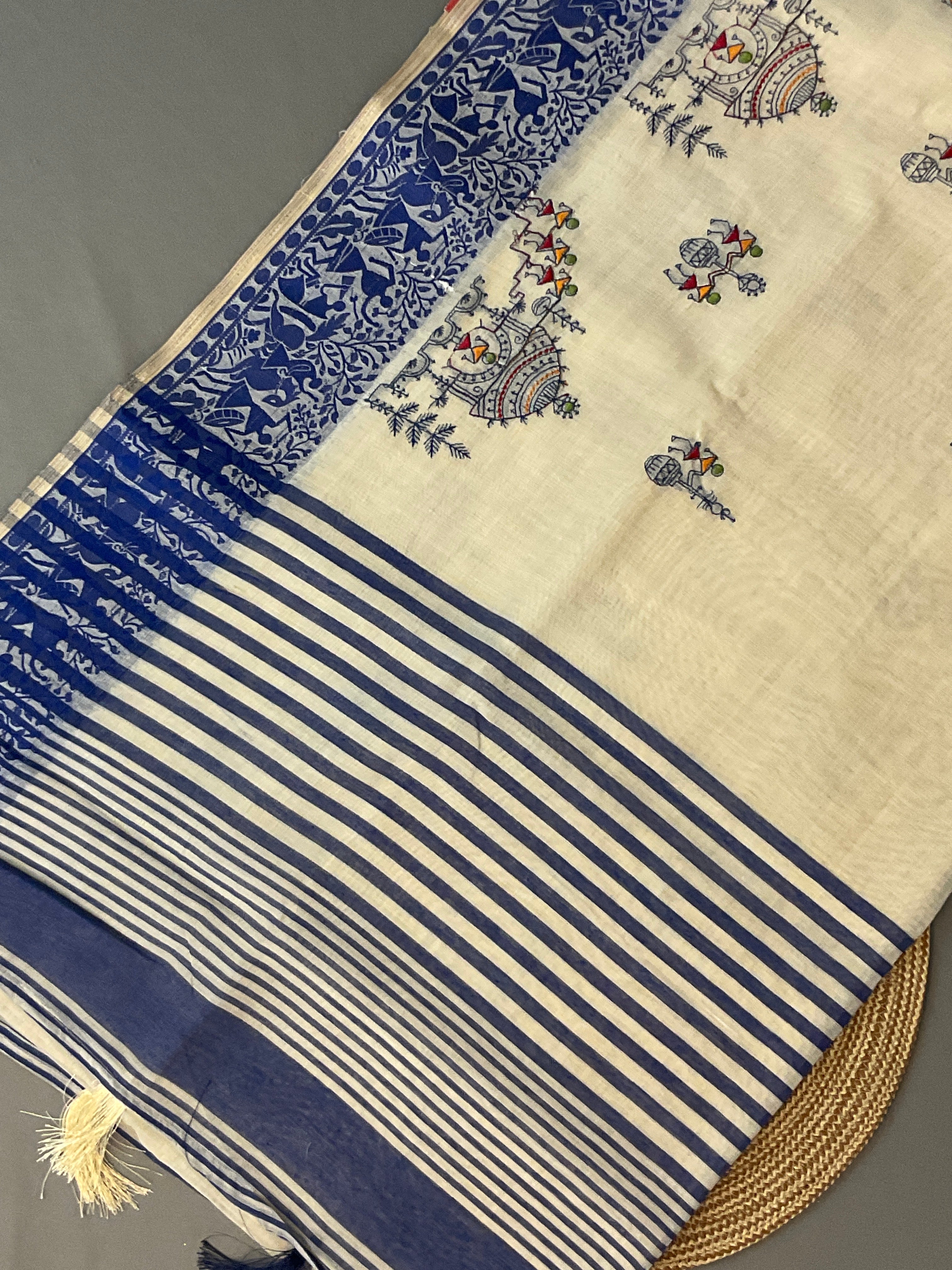 Kalamkari Hand Embroidery Cotton-Linen Saree – Off-White with Royal Blue Vareli Embroidery & Blouse