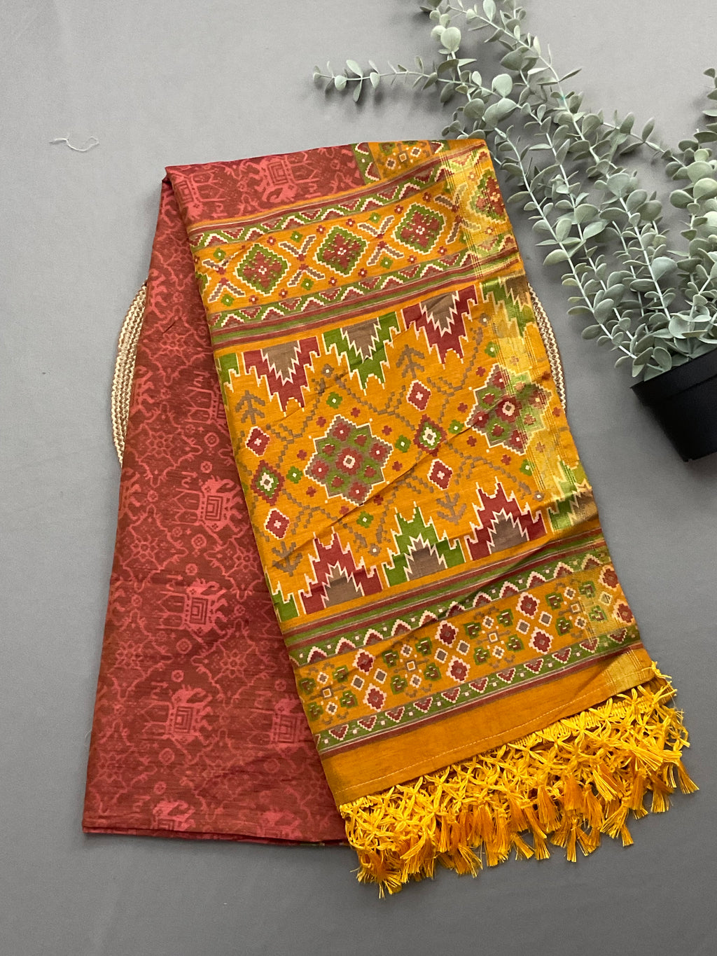 Mustard designer dupatta for patola print soft silk dress material