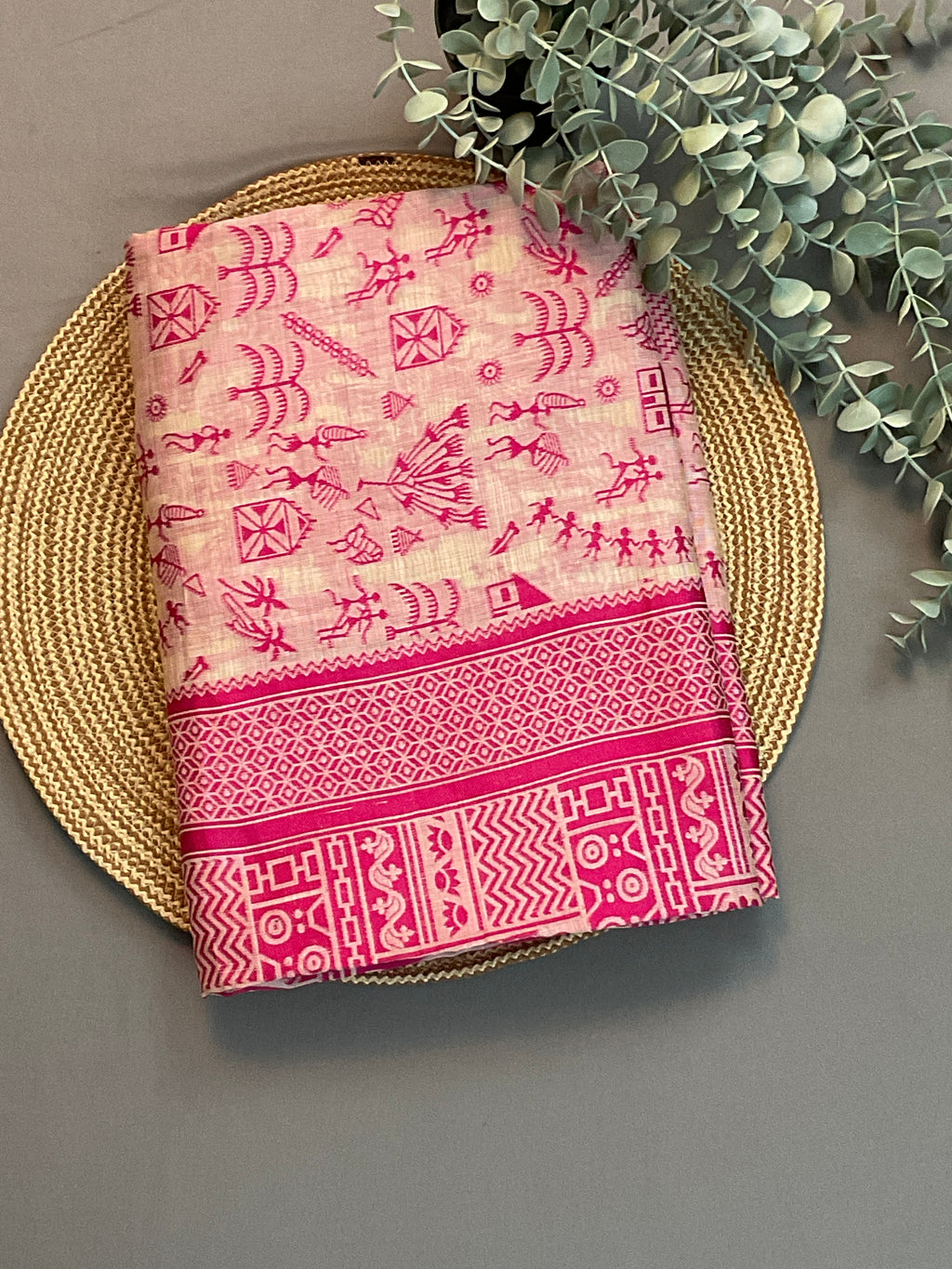 Baby Pink Kalamkari Cotton-Linen Saree