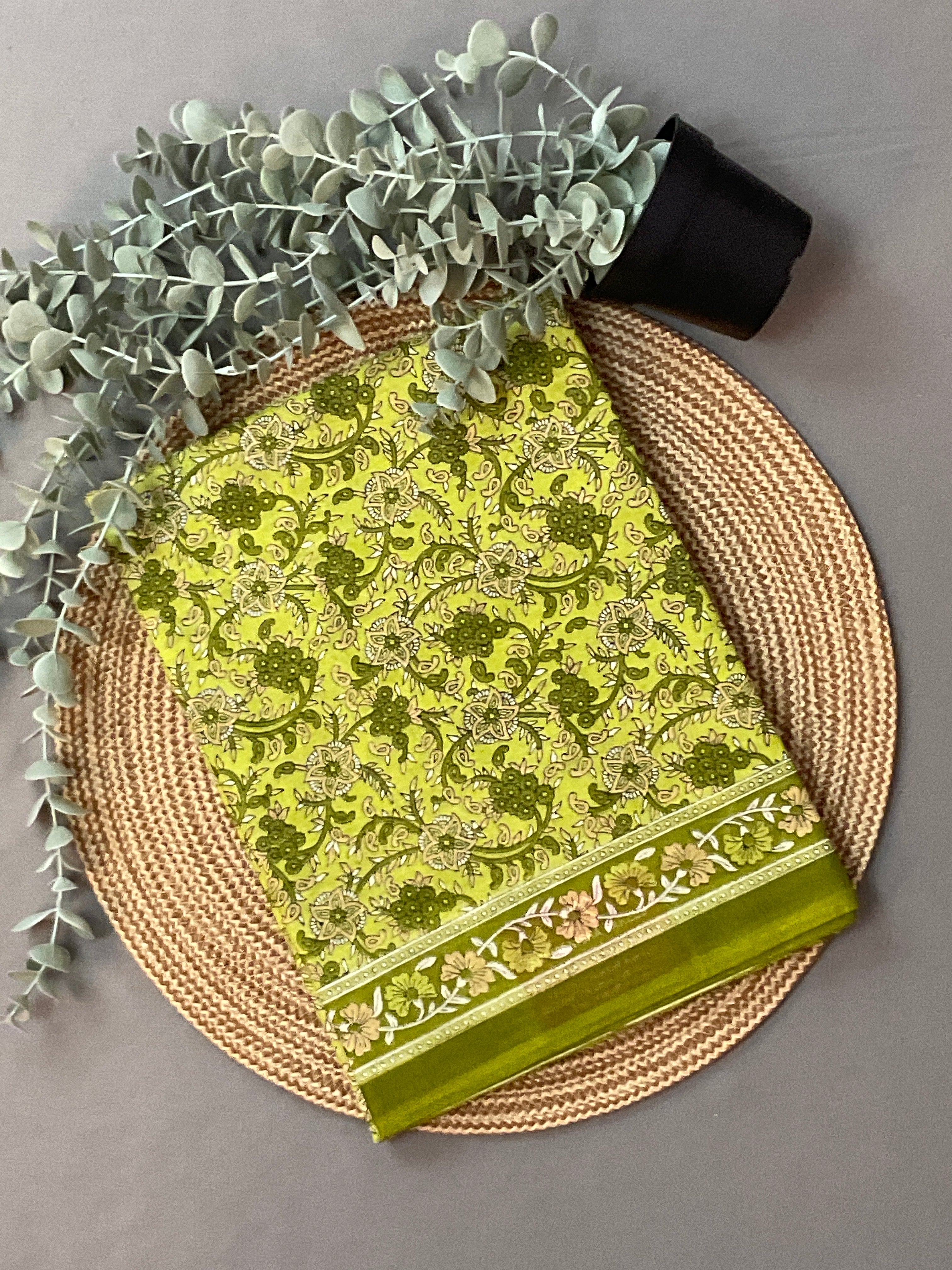 Green Floral Printed Cotton Saree with Blouse