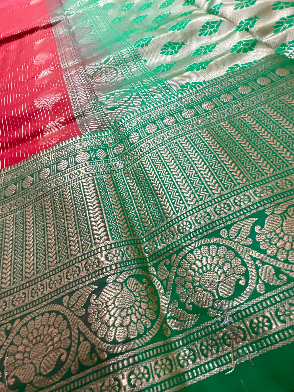 Red Kanchipuram Silk Saree – Green Heavy Border and contrast pallu  with Blouse