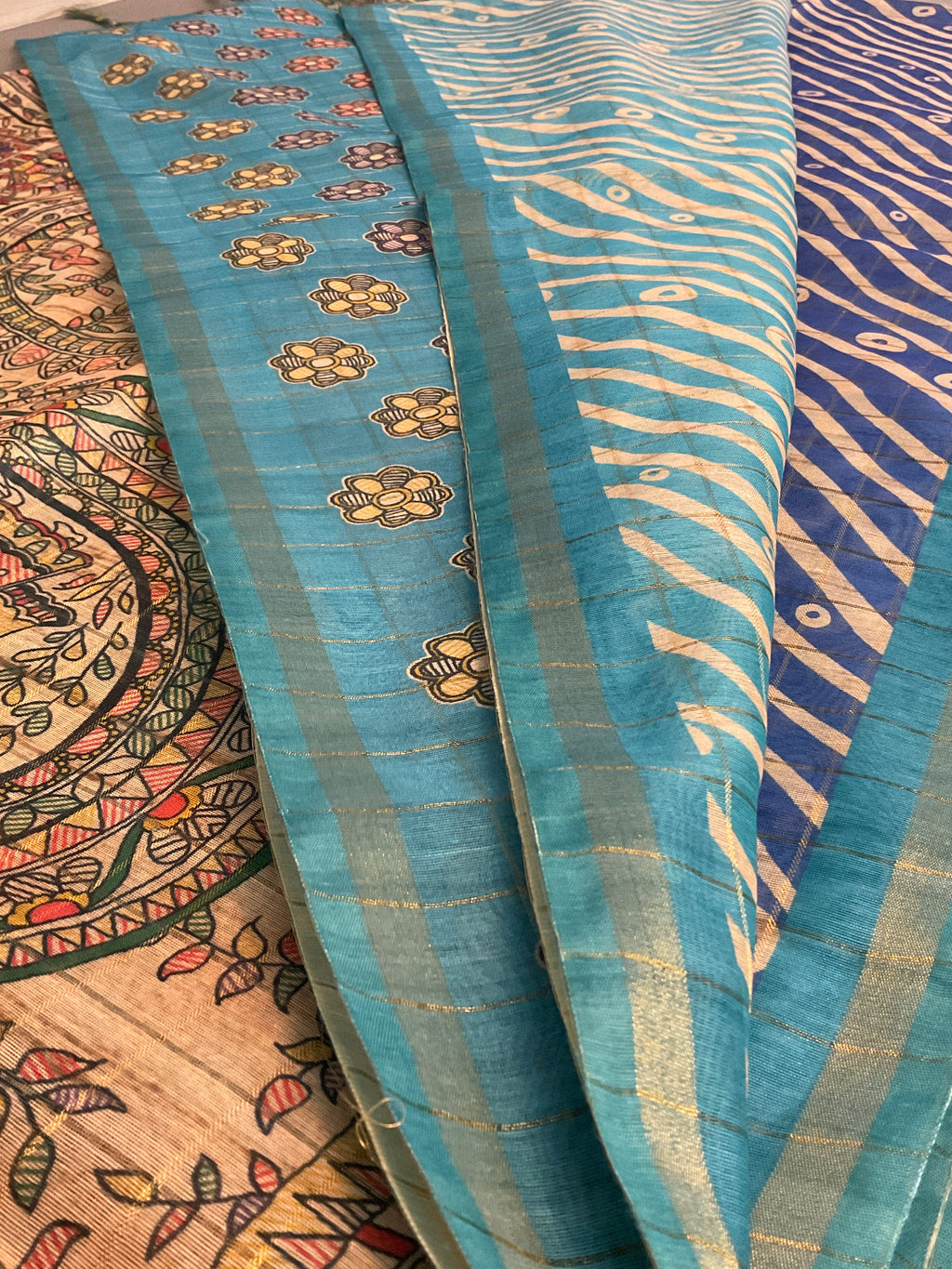 Kalamkari Hand Block Printed Handloom Silk Saree in Sky Blue with Designer Pallu & Blouse