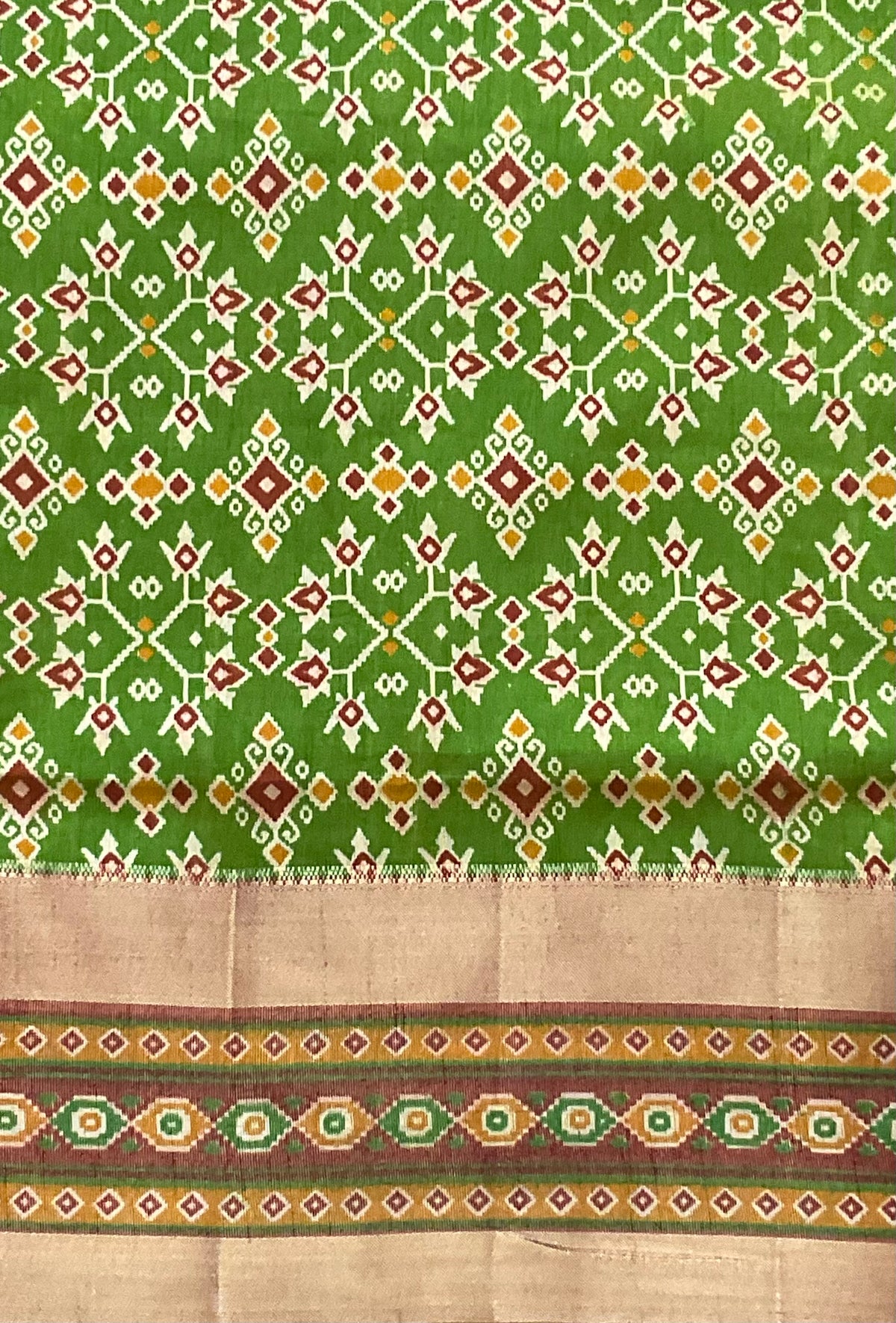Pochampally Cotton Silk Ikkat Patola Print Saree in Green with Tangy Red Designer Pallu