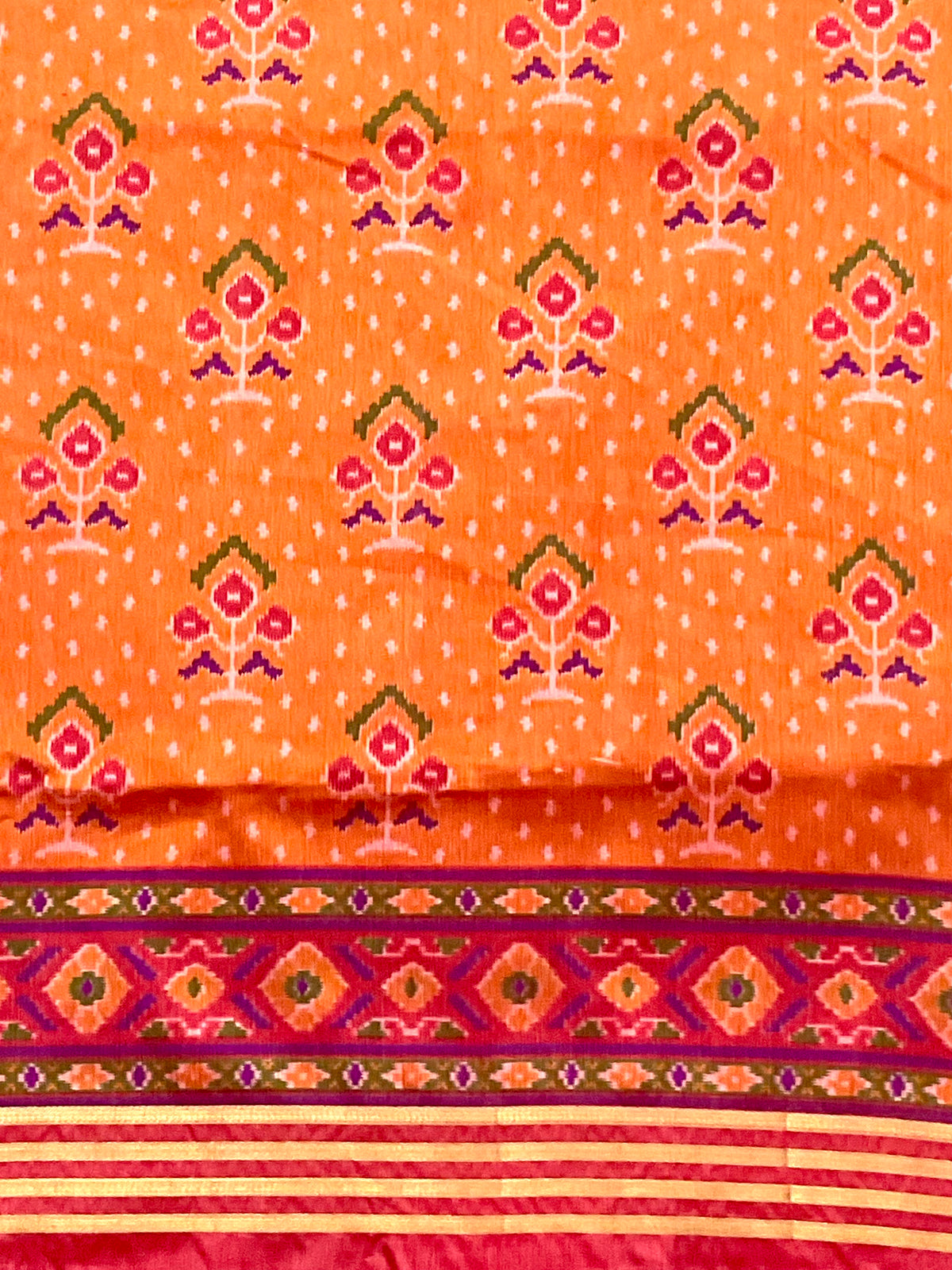 Handprinted Pochampally Patola Cotton Silk Saree in Orange with Red Patola Pallu