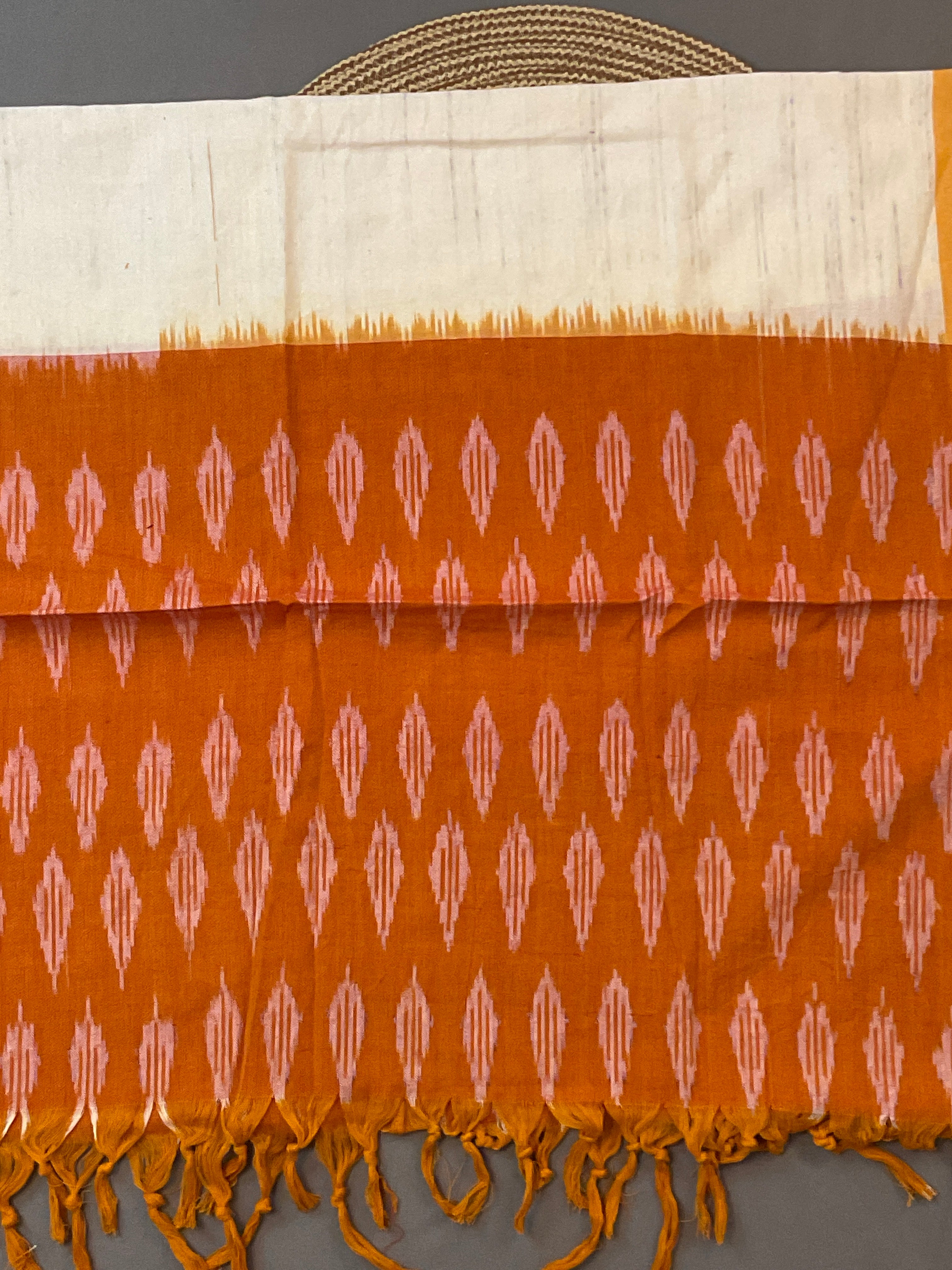 Orange & White Pochampally Ikat Cotton Unstitched Dress Material – 3-Piece Suit