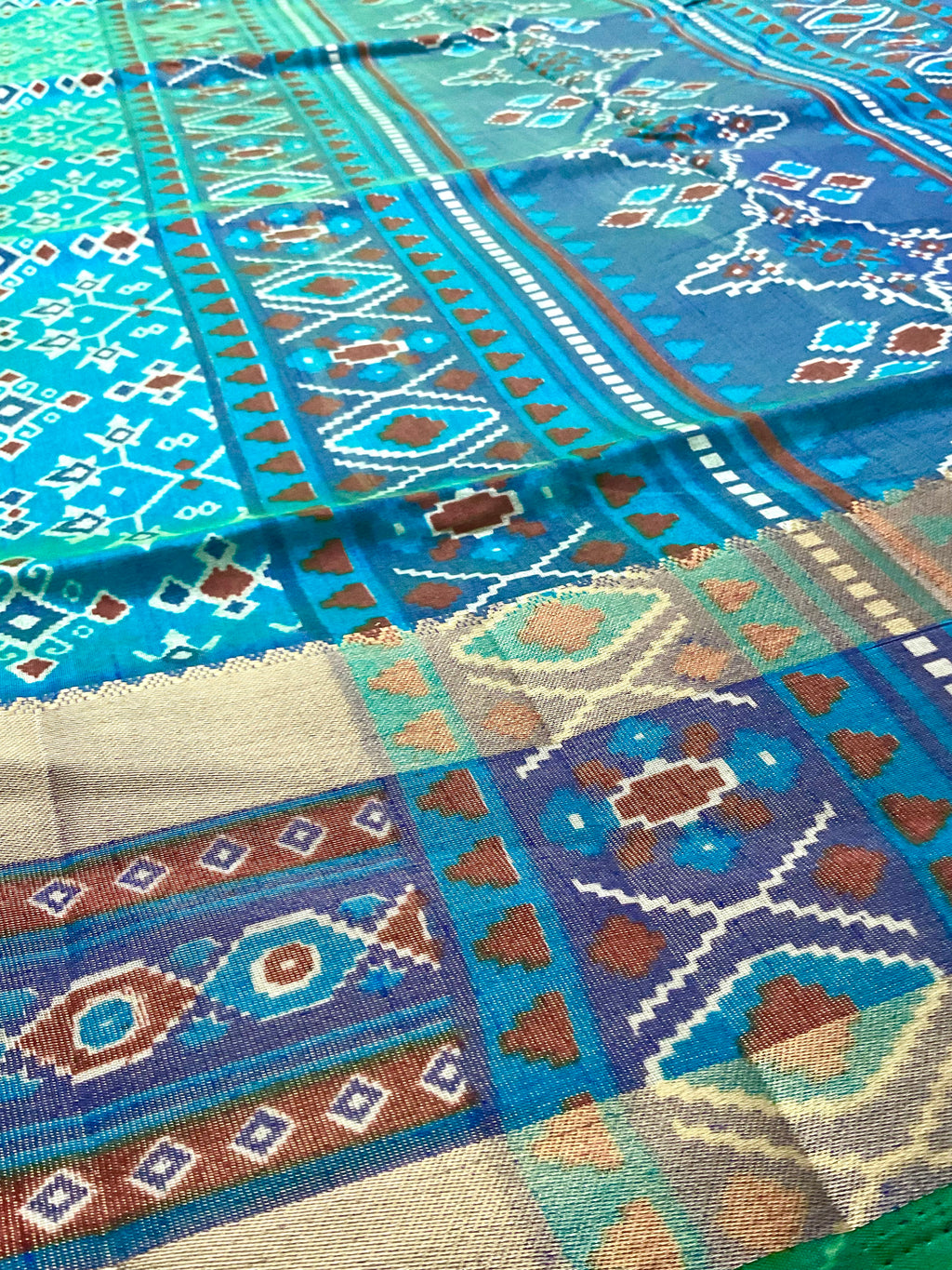 Pochampally Cotton Silk Ikkat Patola Print Saree in Ferozi Blue with Dark Blue Designer Pallu