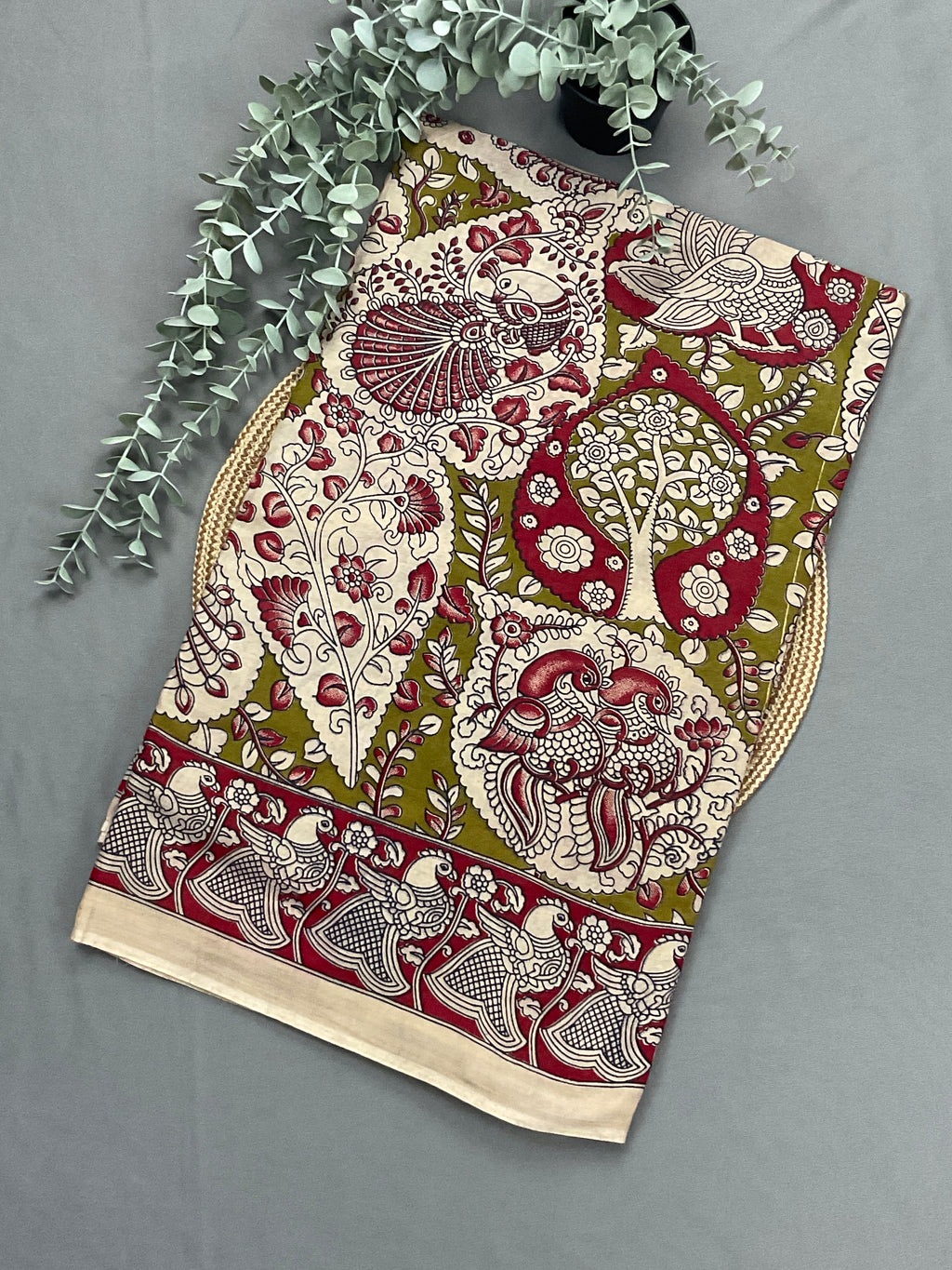Kalamkari Hand Block Print Mul Cotton Saree – Lime Green | With Blouse Piece