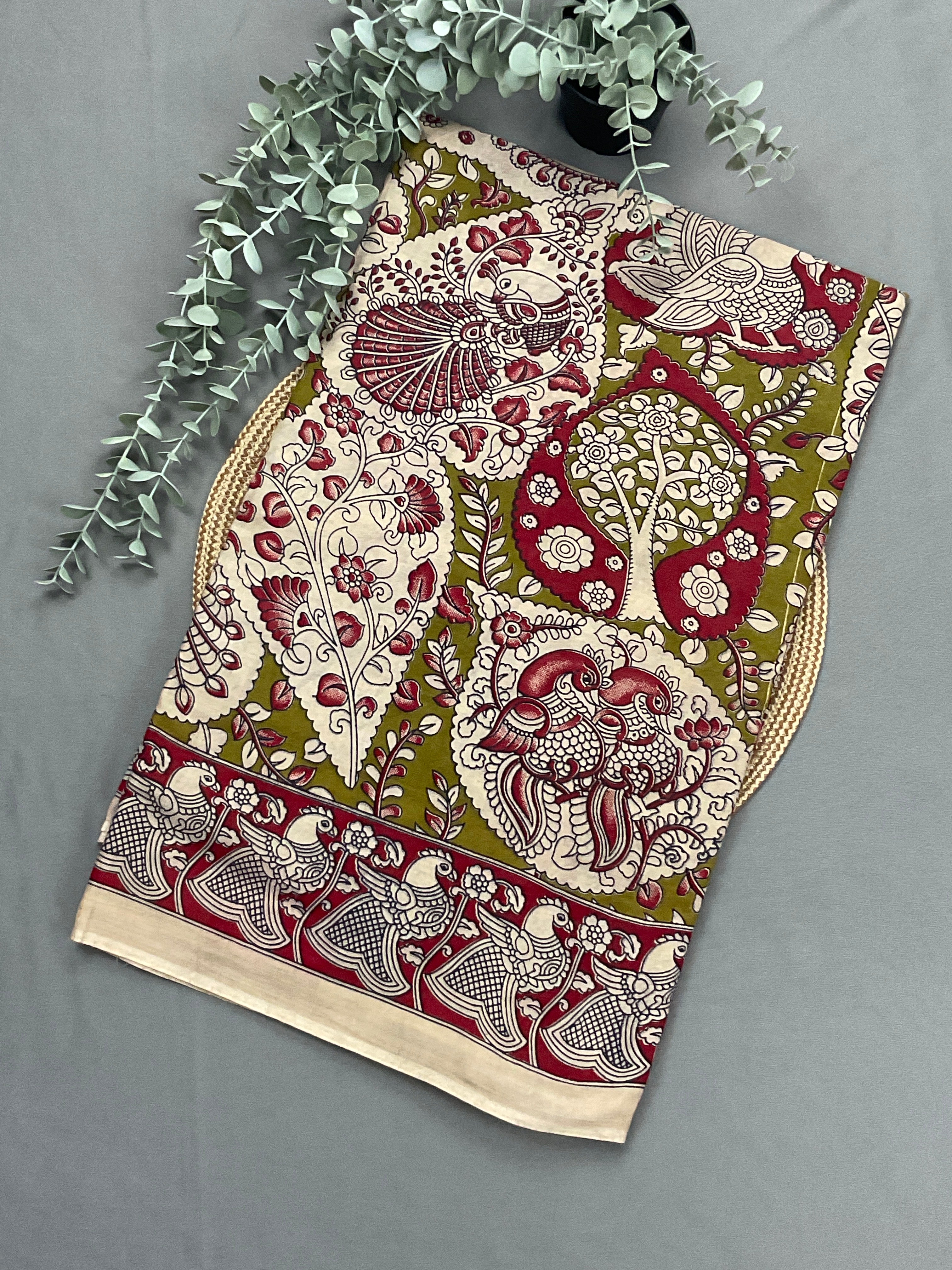 Kalamkari Hand Block Print Mul Cotton Saree – Lime Green | With Blouse Piece