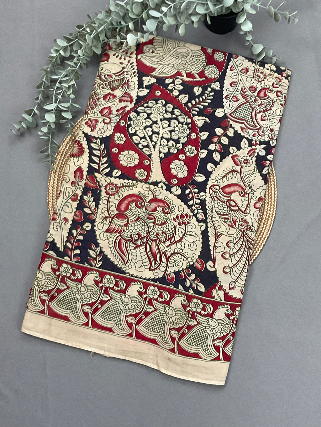 Kalamkari Hand Block Print Mul Cotton Saree – Navy Blue | With Blouse Piece