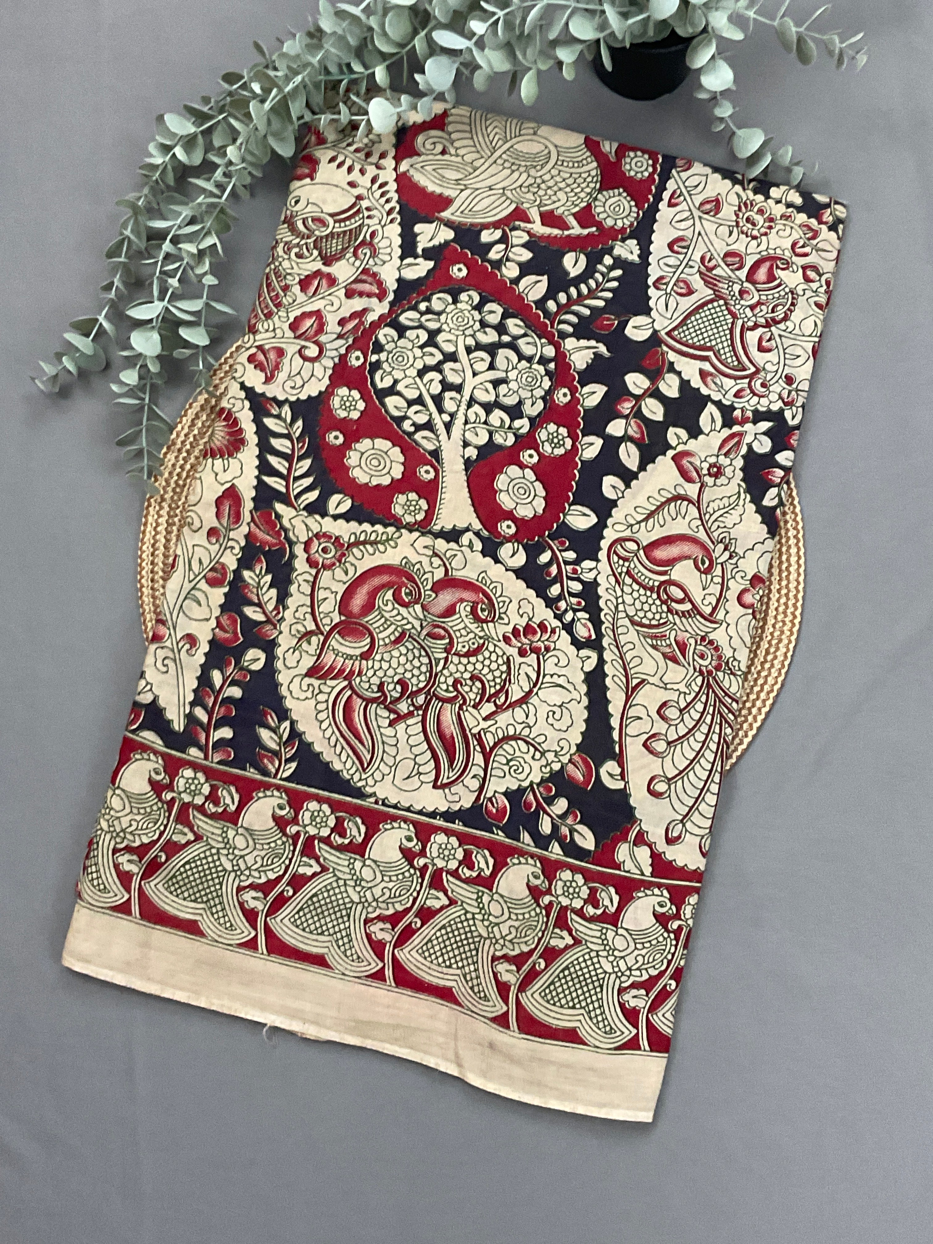 Kalamkari Hand Block Print Mul Cotton Saree – Navy Blue | With Blouse Piece