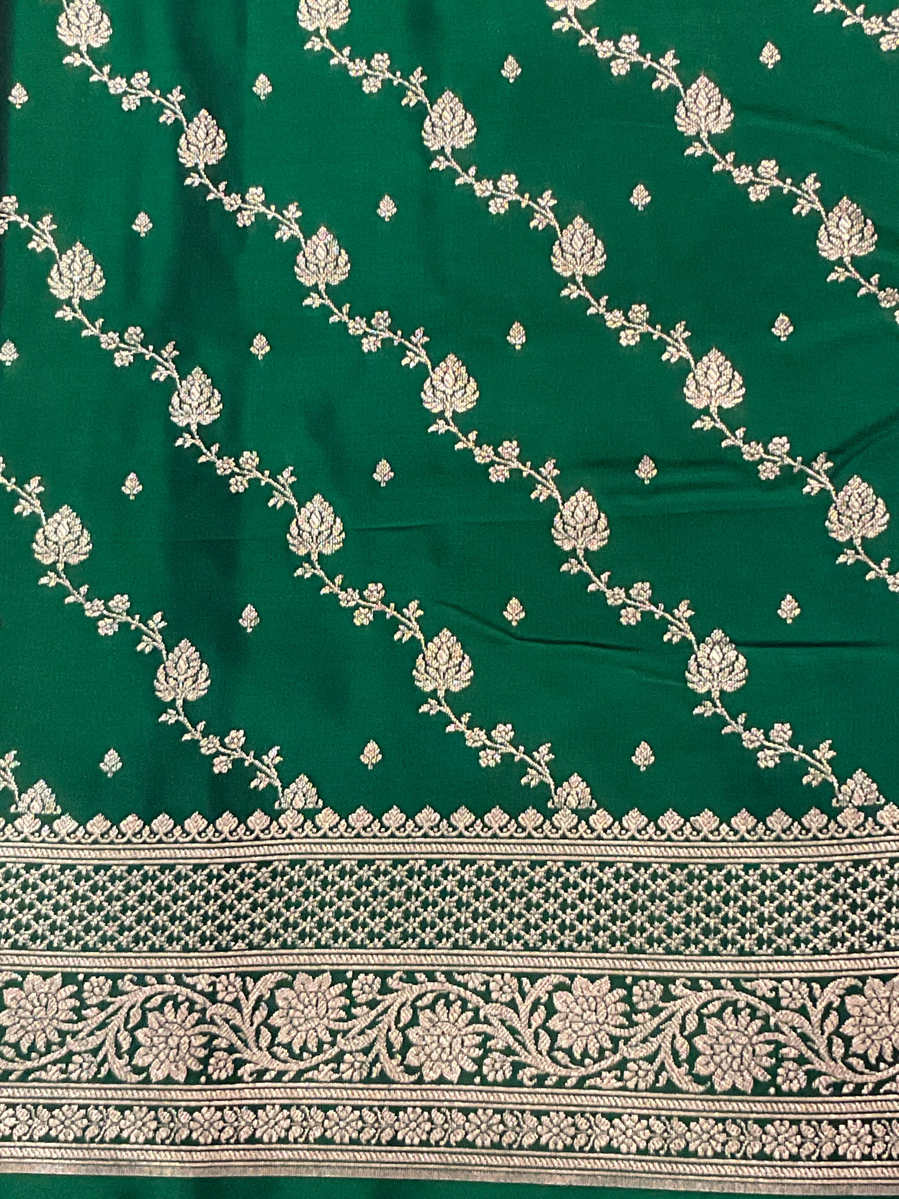 Handloom Banarasi Silk Saree in Olive Green with Contrast Border & Designer Pallu