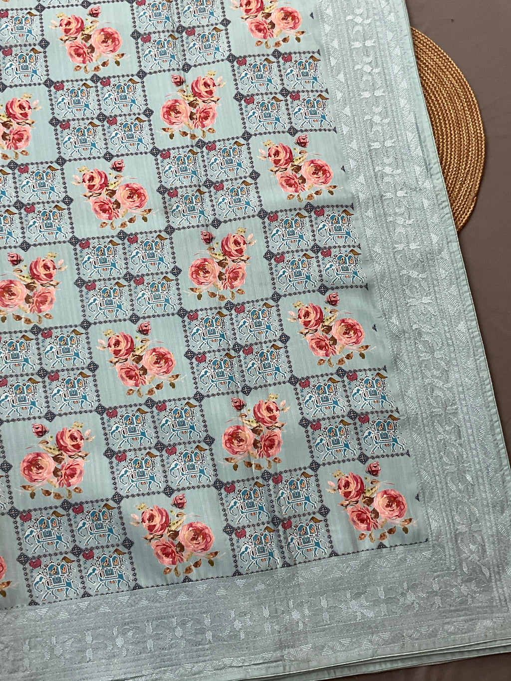 Sky Blue Printed Silk Saree with Floral Print and Computer Embroidery