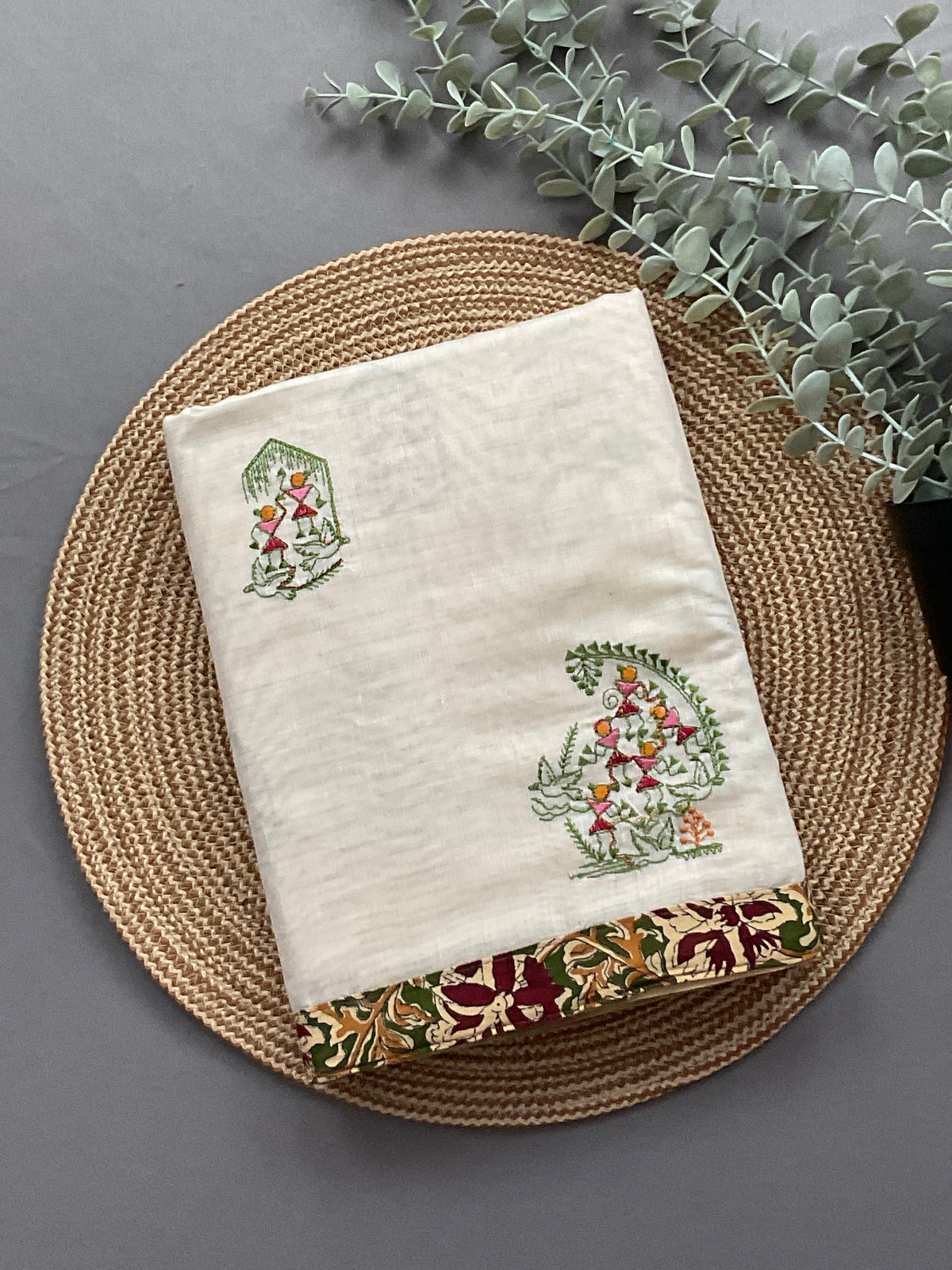 Kalamkari Handwork Cotton Linen Saree in Green with Attached Kalamkari Border, Running Pallu & Designer Blouse