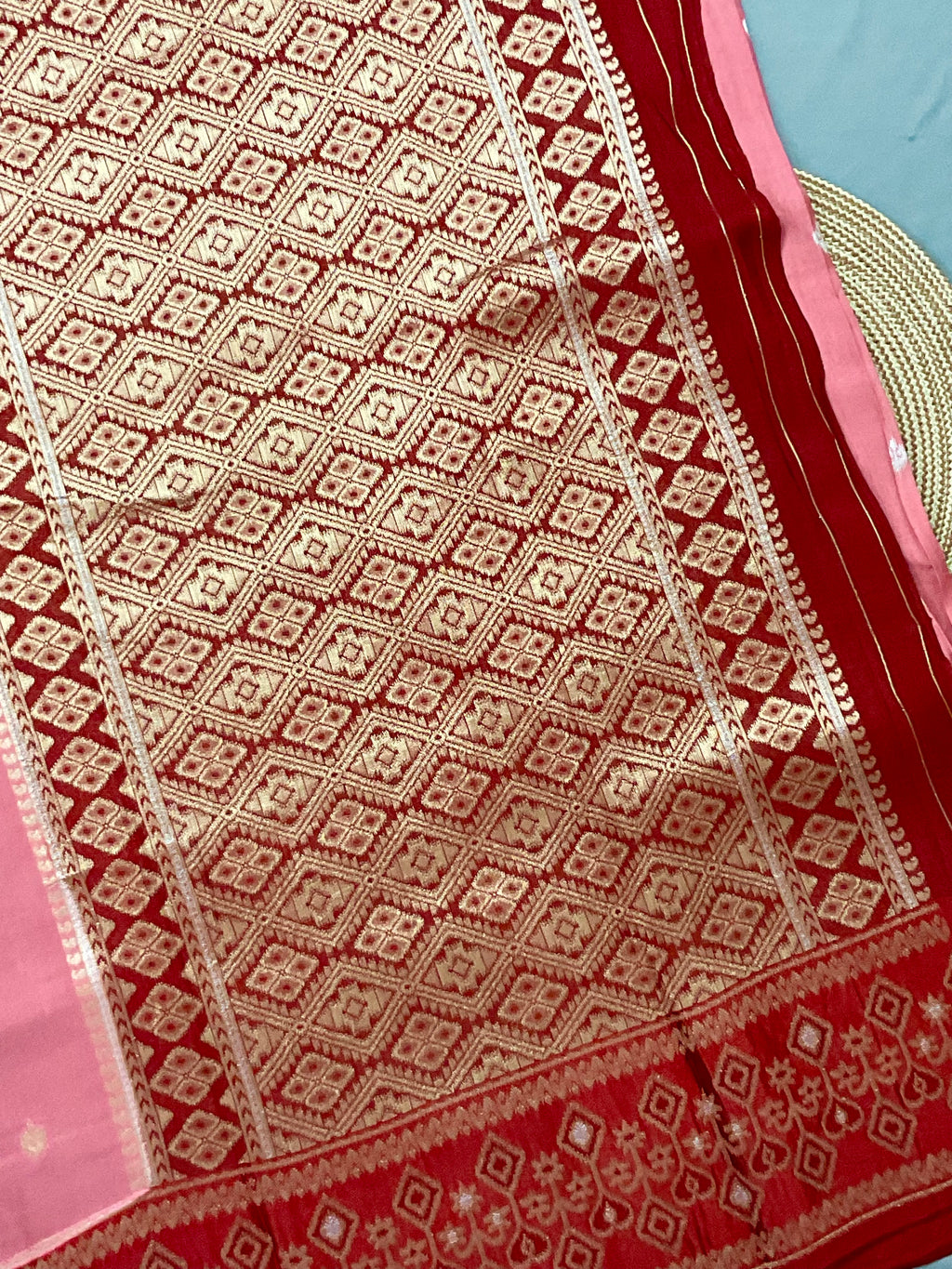 Pink Banarasi Handloom Silk Saree with Ikat Border — Maroon Contrast Pallu & Designer Blouse