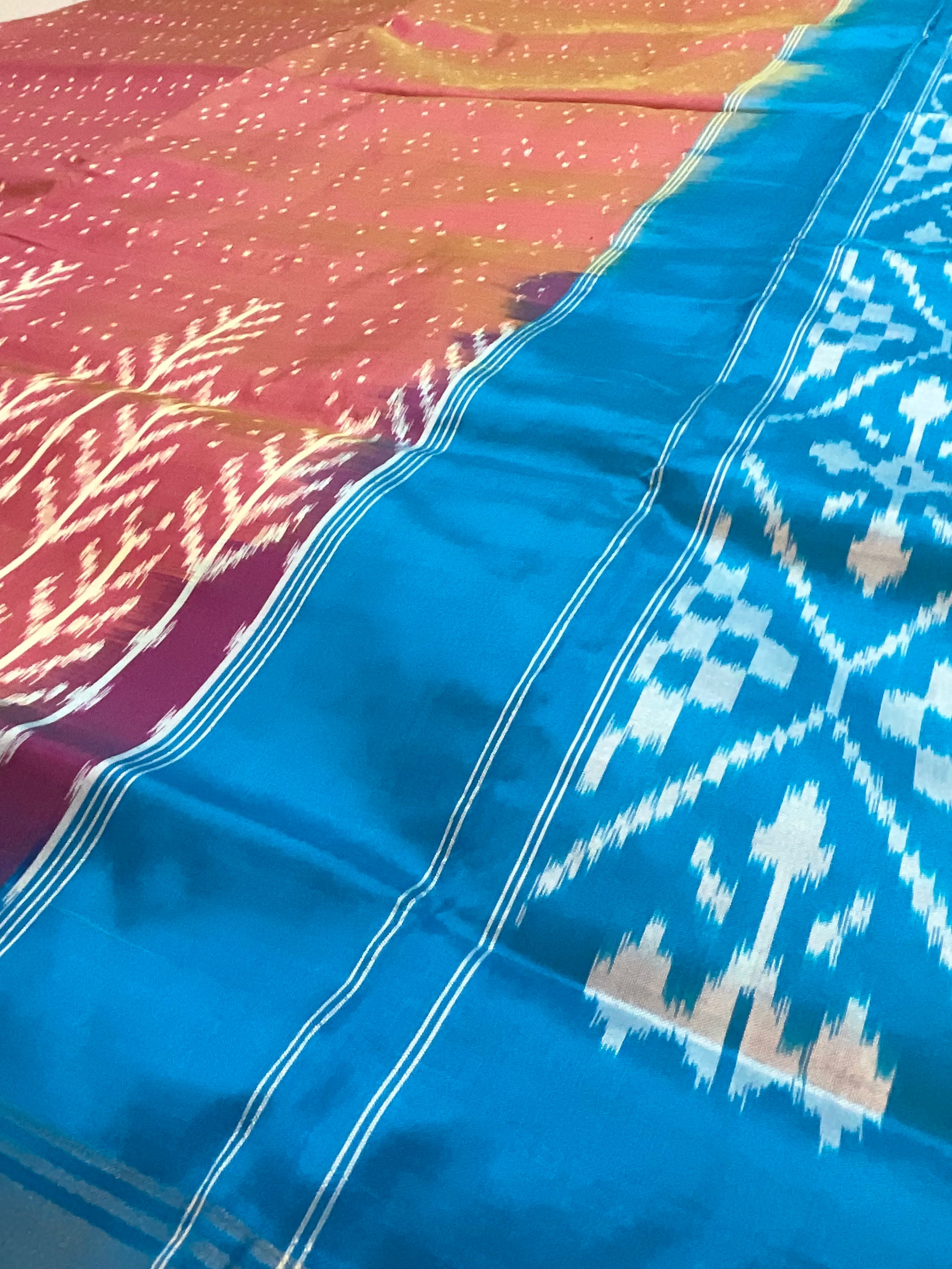 Peach Pink Pochampally Zari Silk Saree with Contrast Sky Blue Pallu & Plain Blouse