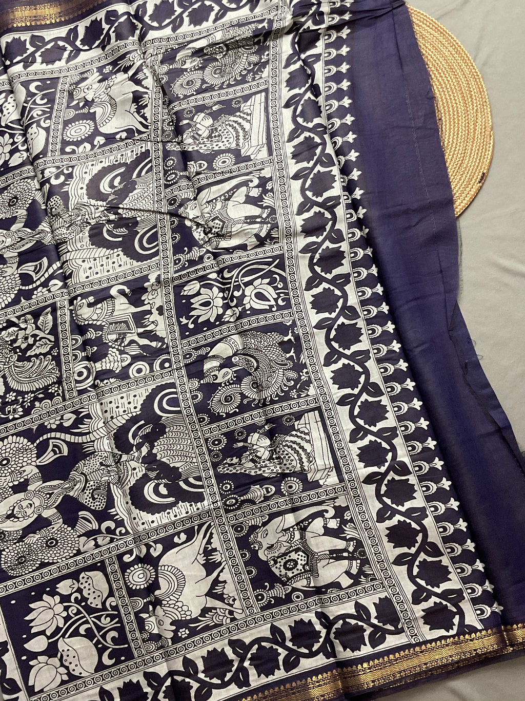 Pedana Kalamkari Hand-Block Soft Silk Saree in Royal Blue with Navy Designer Pallu & Gold Border