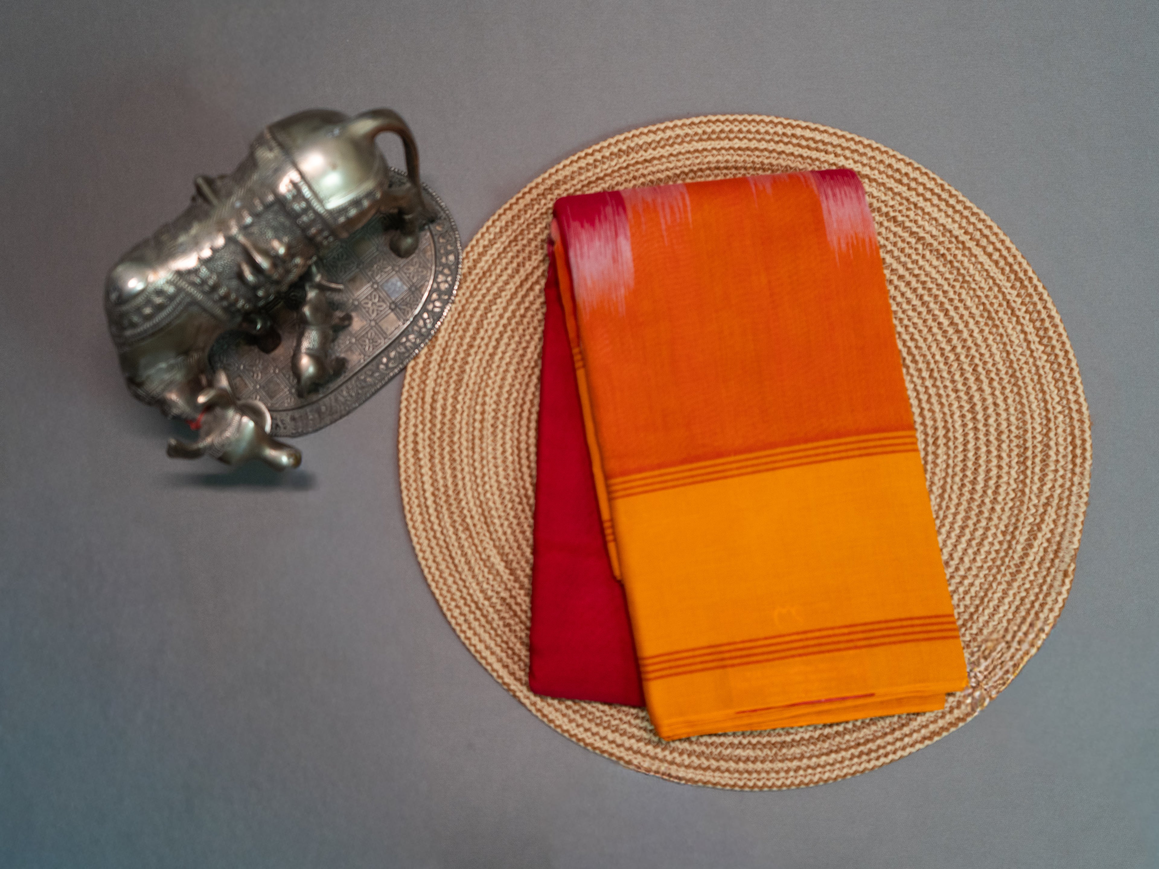Red Pochampally Ikat Cotton Saree with Mustard Pallu