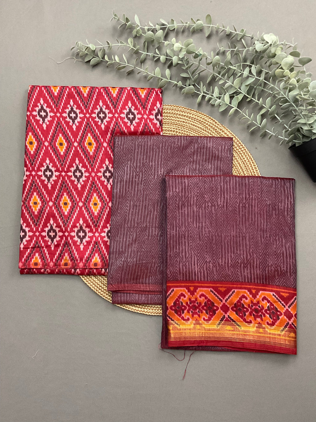 Multicolour patola print soft silk dress material with red designer dupatta and bottom - full 3 piece set