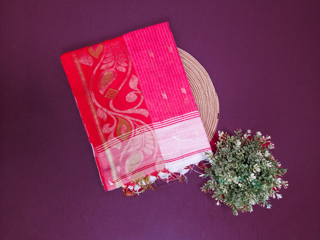 Ivory & Red Pochampally Kota Cotton Saree with Zari Buttas