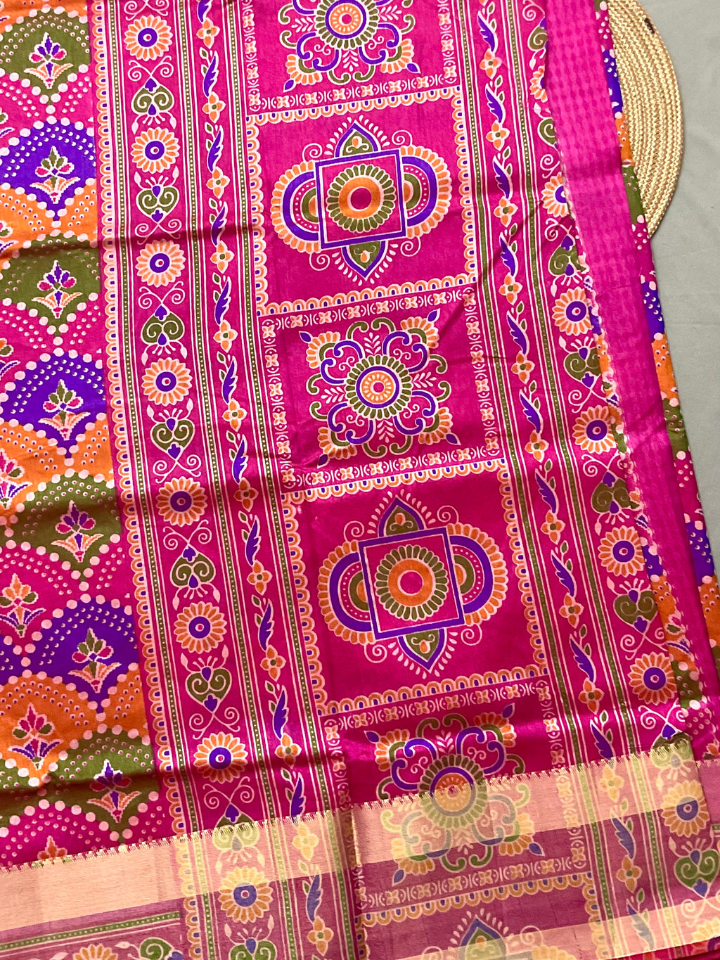 Handprinted Pochampally Patola Cotton Silk Saree in Multicolour with Pink Patola Pallu