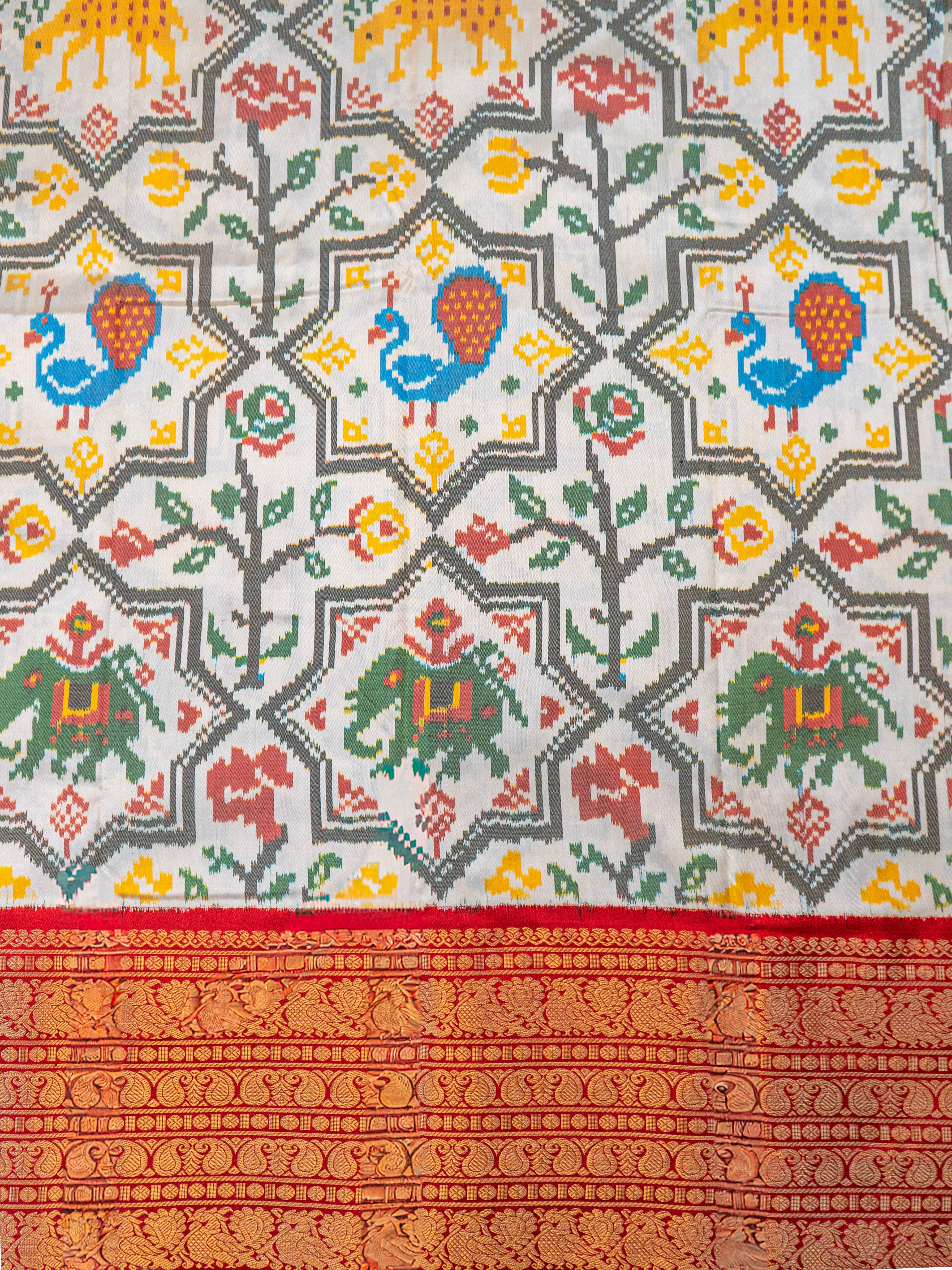 Signature Kanchipuram Pochampally Double Ikat Silk Saree in White with Red Zari Pallu