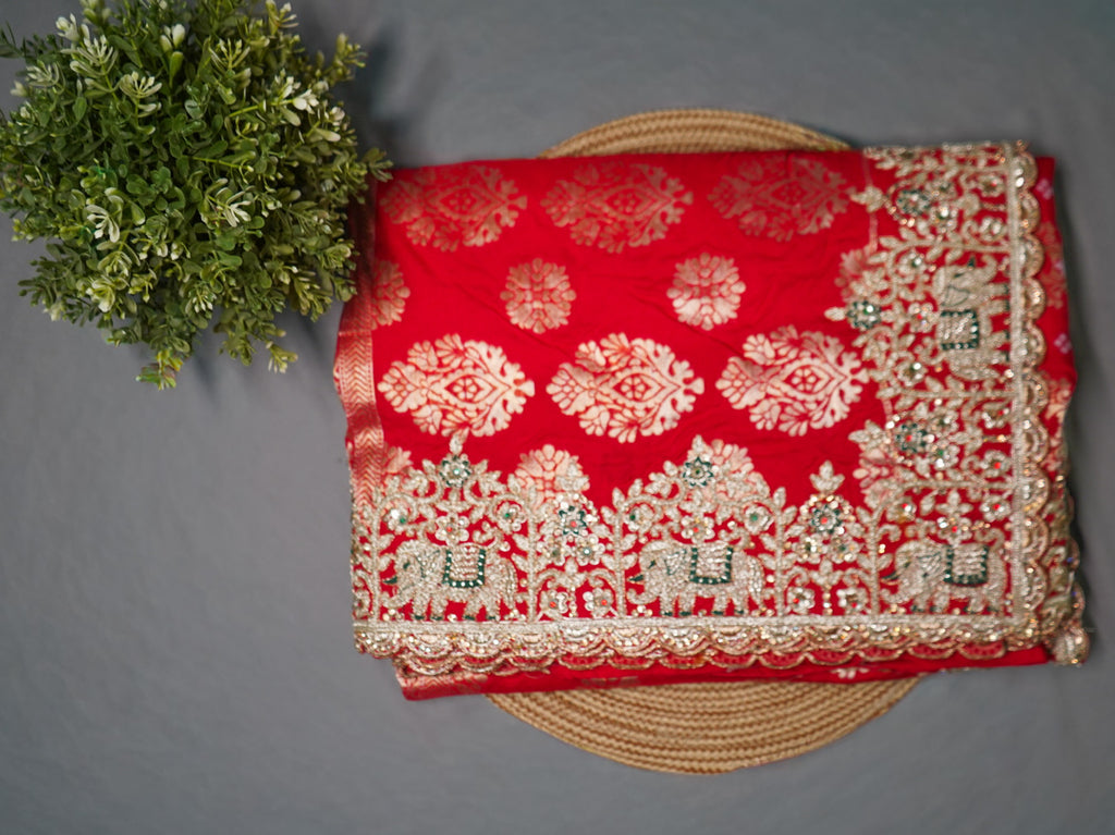 Red Bridal Pure Silk Saree – Bandhani Zari Weave with Heavy Elephant Embroidery & Designer Blouse