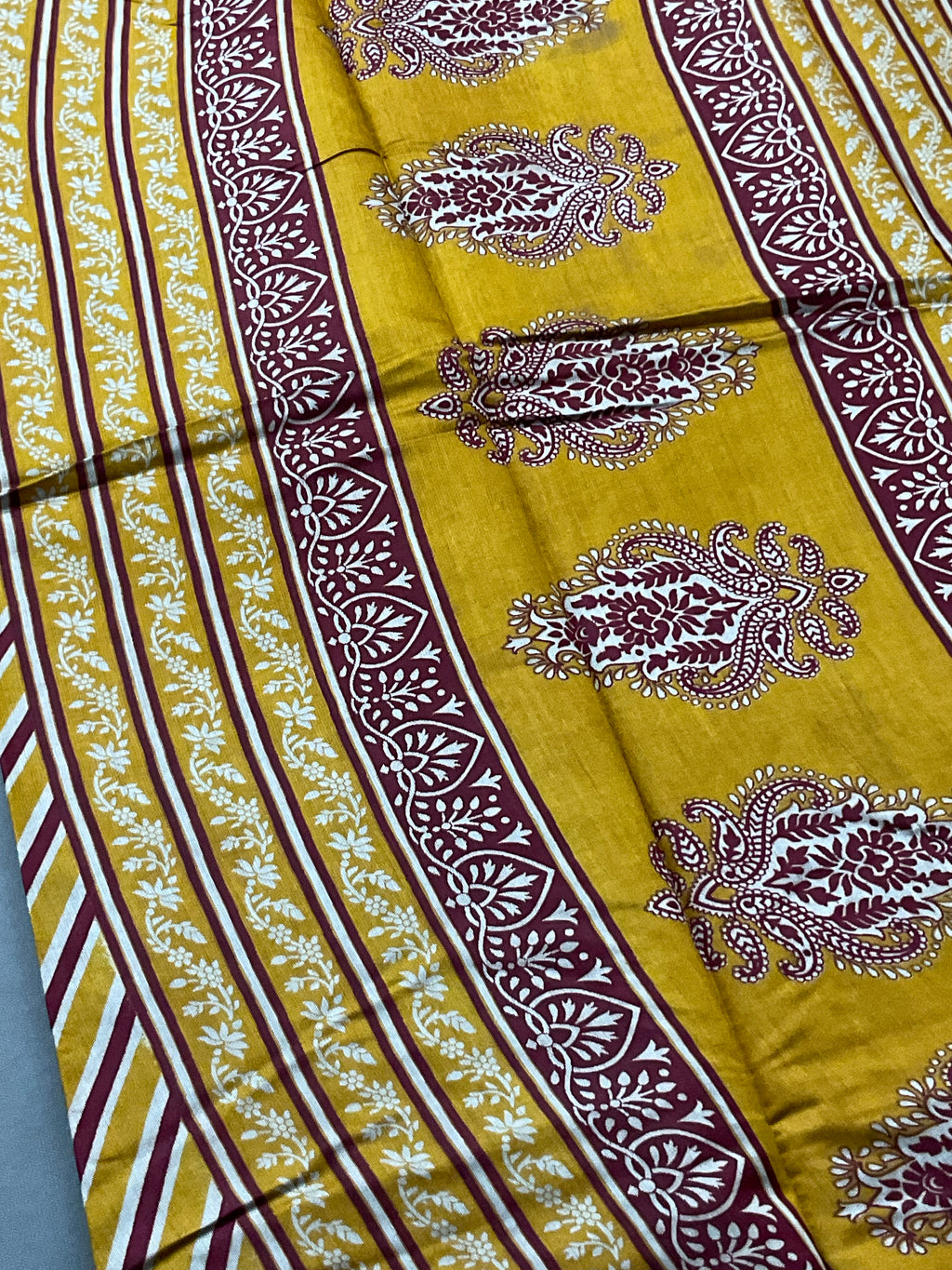 Kalamkari Leheriya Printed Soft Silk Saree in Mustard with Designer Pallu and Gold Border