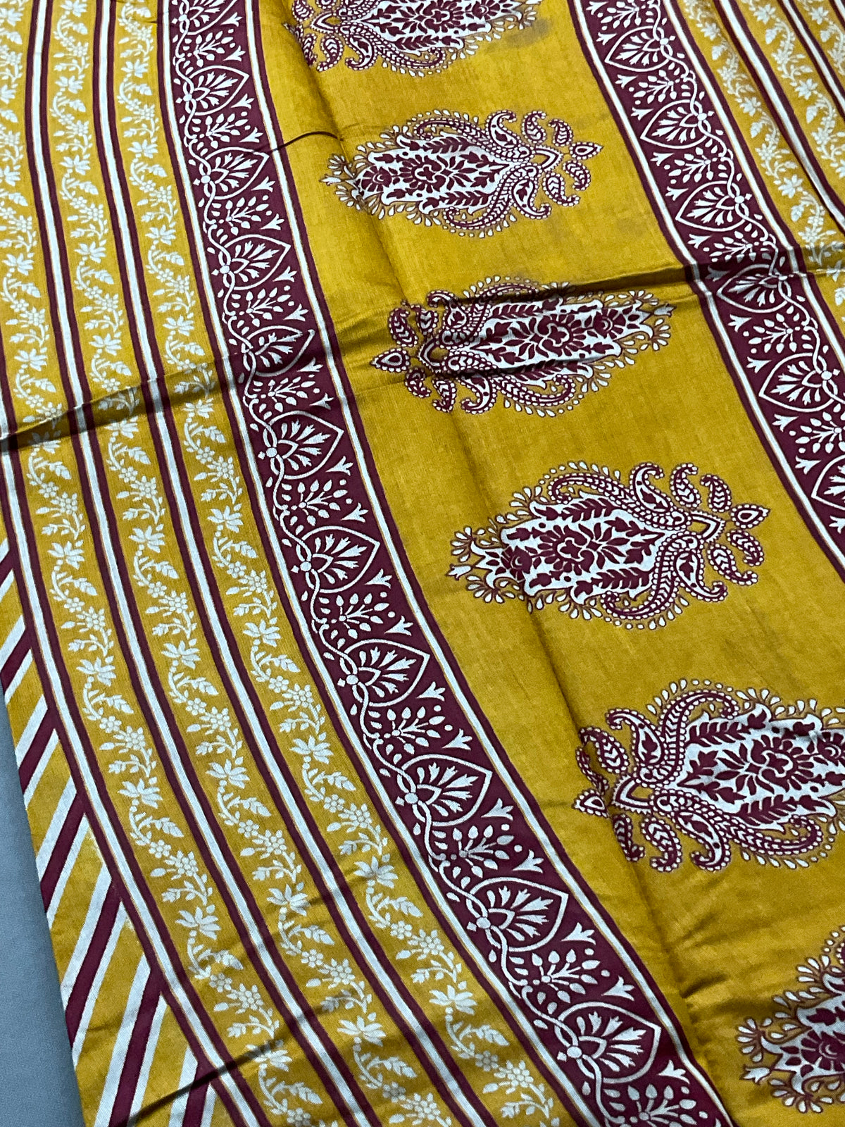 Kalamkari Leheriya Printed Soft Silk Saree in Mustard with Designer Pallu and Gold Border