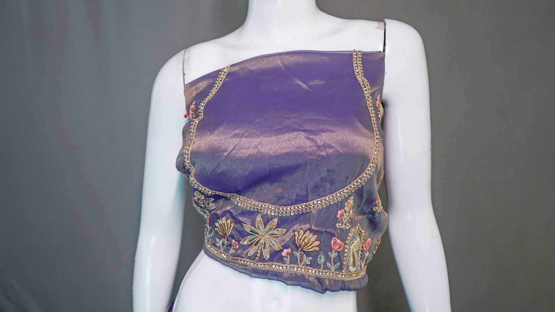 Antique Mauve Handloom Silk Bridal Lehenga with Pastel Floral Embroidery