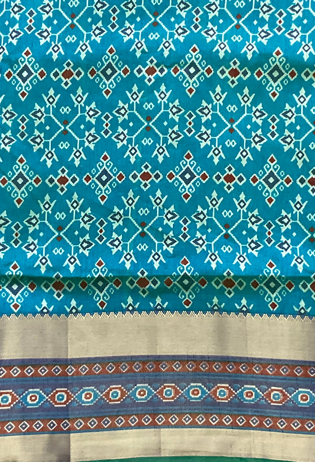 Pochampally Cotton Silk Ikkat Patola Print Saree in Ferozi Blue with Dark Blue Designer Pallu
