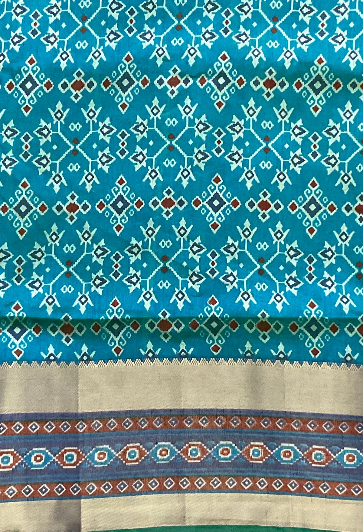 Pochampally Cotton Silk Ikkat Patola Print Saree in Ferozi Blue with Dark Blue Designer Pallu