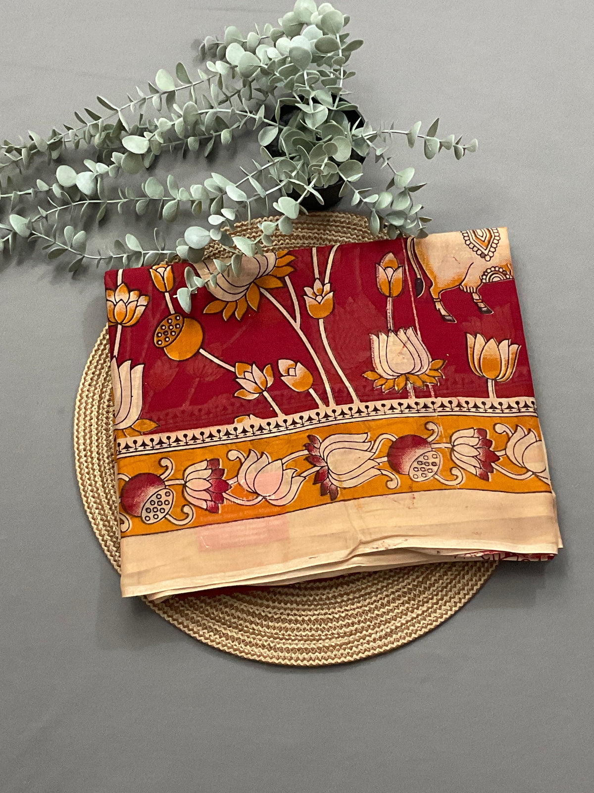 Kalamkari Hand Block Print Mul Cotton Saree – Red | With Blouse Piece