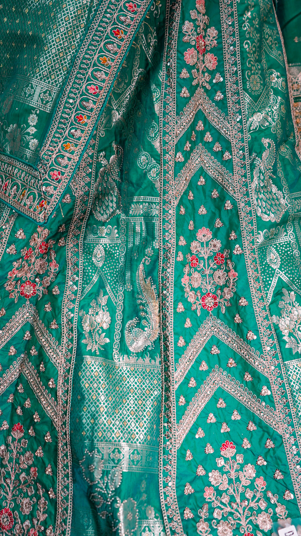Emerald Green Handloom Silk Lehenga with Silver Zari Temple Weave