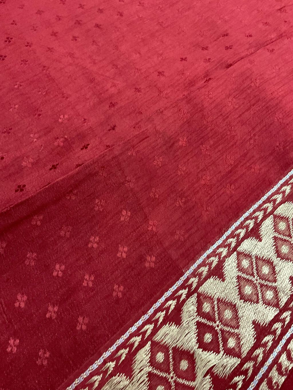 Pink Banarasi Handloom Silk Saree with Ikat Border — Maroon Contrast Pallu & Designer Blouse