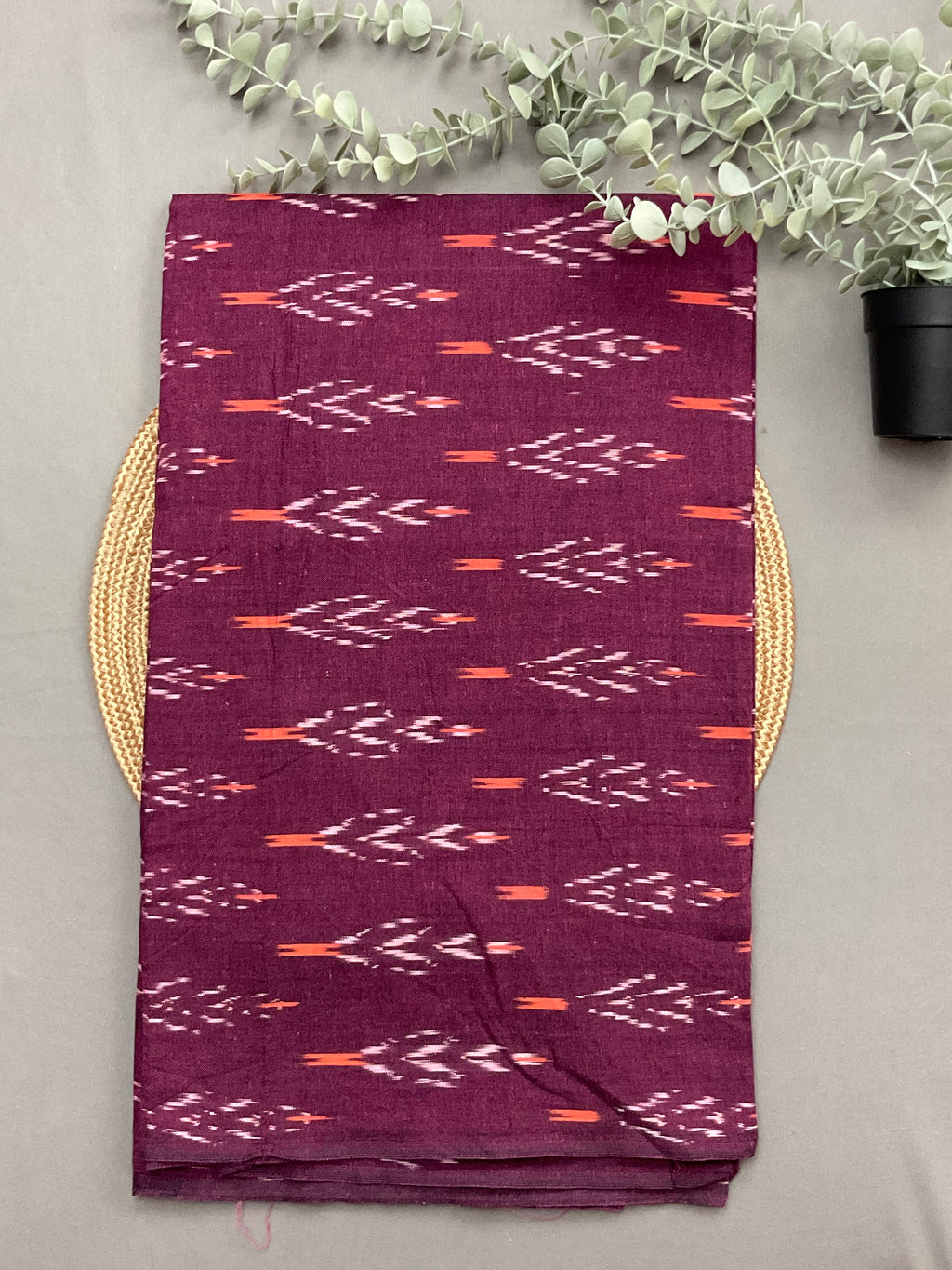 Purple handwoven Pochampally ikkat cotton top fabric close up