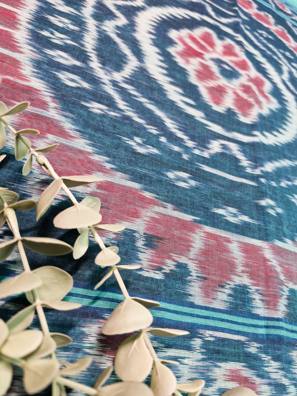 Grey & Teal Handloom Ikat Cotton Saree with Pink Floral Motifs