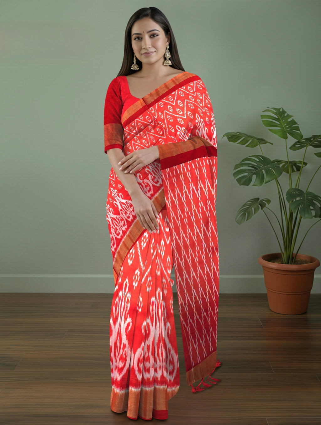 Red Pochampally Ikat Zari Saree