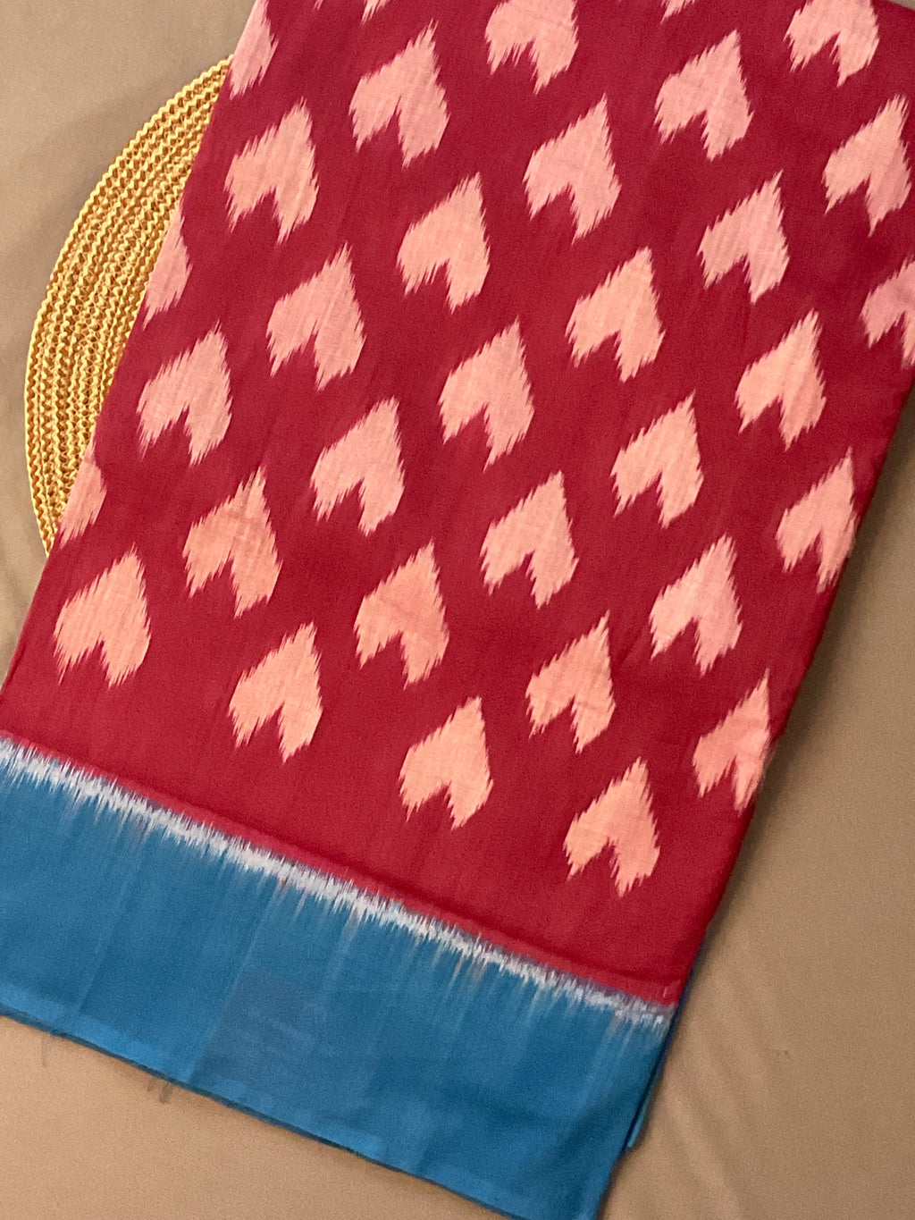 Deep Pink & Blue Pochampally Ikat Handloom Cotton Saree with Contrast Pallu – Without Blouse