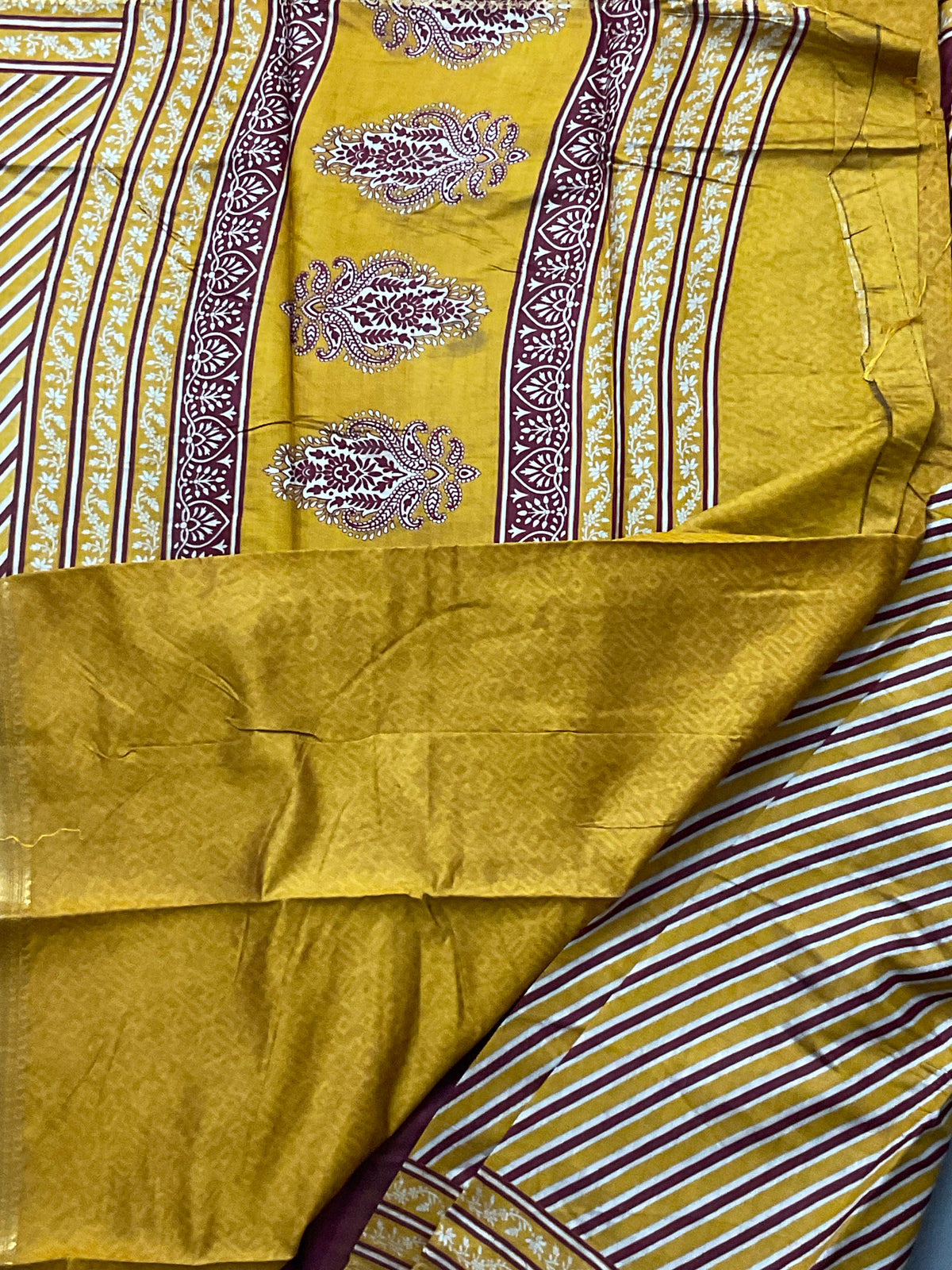 Kalamkari Leheriya Printed Soft Silk Saree in Mustard with Designer Pallu and Gold Border
