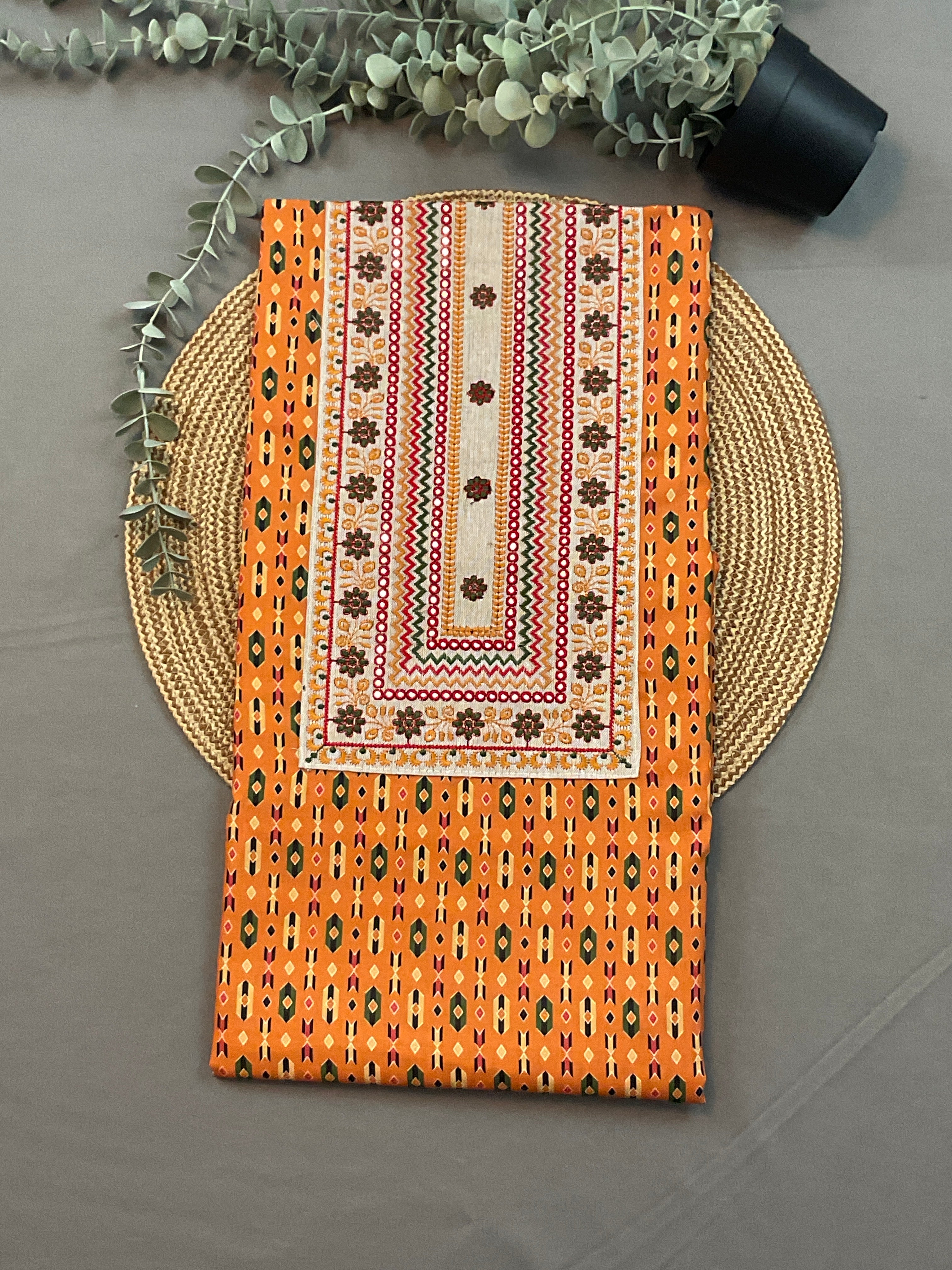 Mustard & White Pochampally Cotton Dress Material with Hand-Block Georgette Dupatta – Unstitched 3-Piece Suit