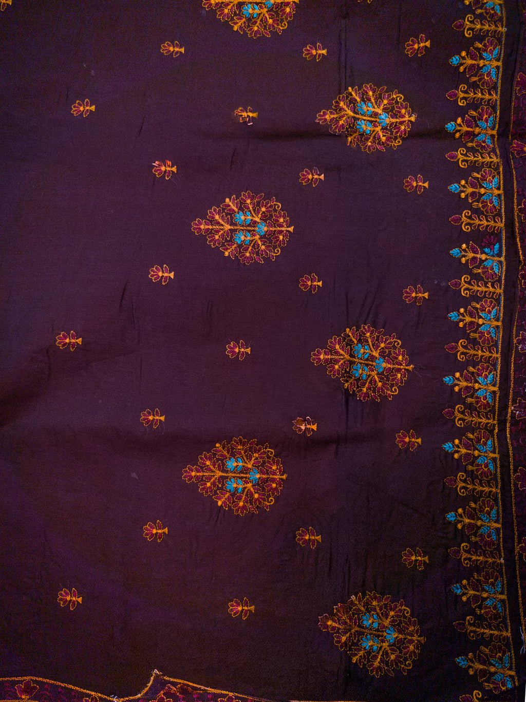 Deep Brown Hand-Embroidered Mul Cotton Saree