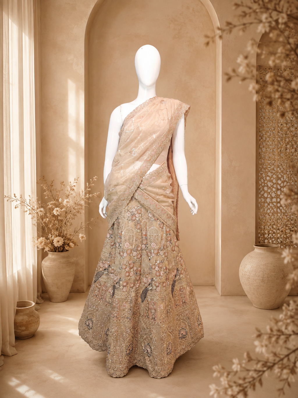 A beige and gold embellished sari displayed on a white mannequin in a warm, rustic interior setting with arches and decorative vases.