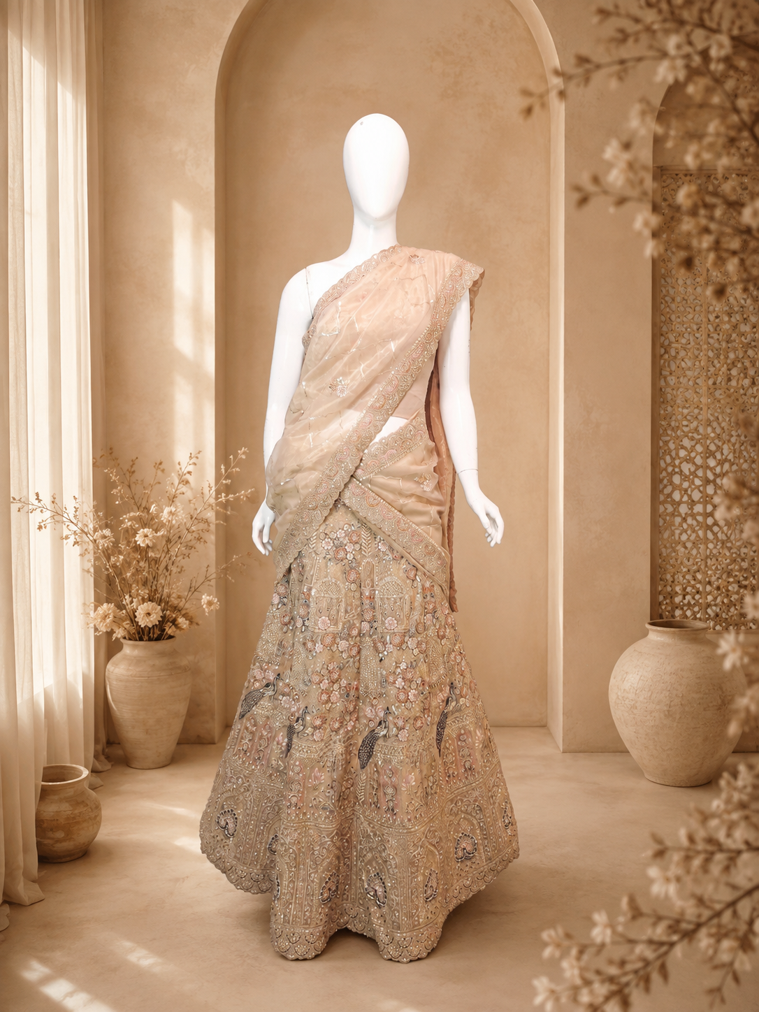 A beige and gold embellished sari displayed on a white mannequin in a warm, rustic interior setting with arches and decorative vases.