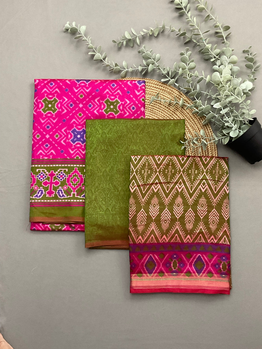 Rani pink patola print soft silk dress material with green designer dupatta and bottom - full 3 piece set