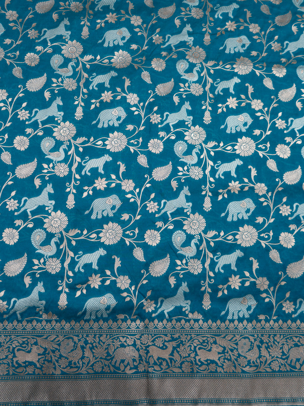 Pure Banarasi Katan Silk Saree with Elephant & Animal Motif Weaving and Silver Zari