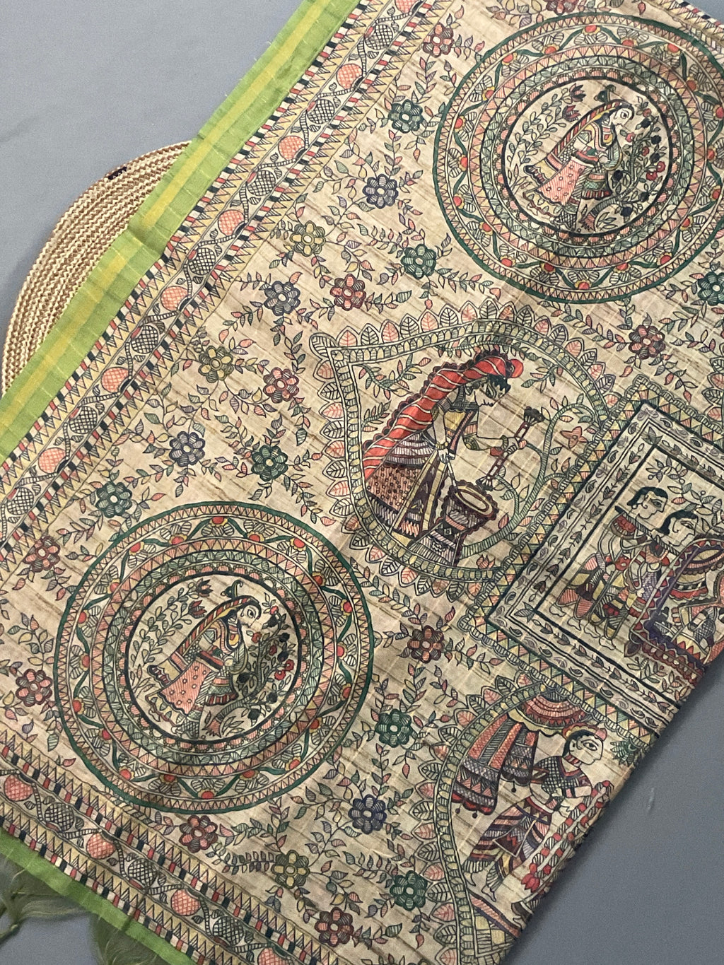 Kalamkari Hand Block Printed Handloom Silk Saree in Green with Designer Pallu & Blouse
