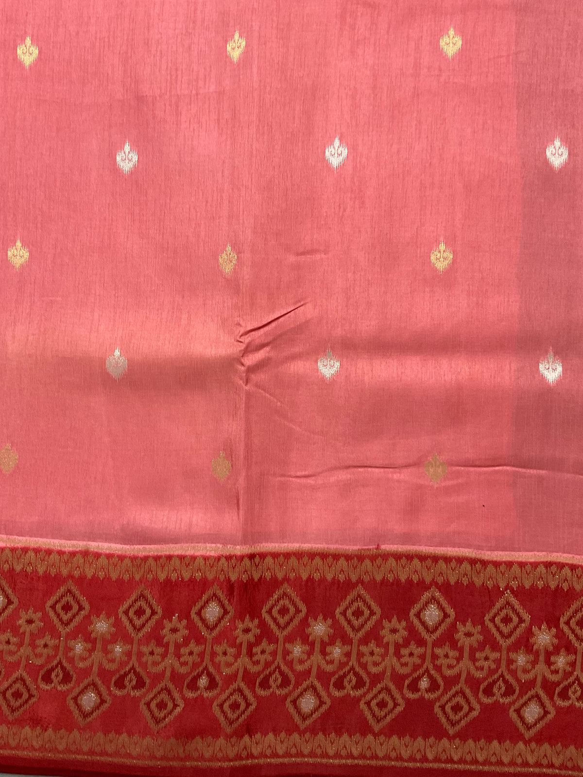 Pink Banarasi Handloom Silk Saree with Ikat Border — Maroon Contrast Pallu & Designer Blouse