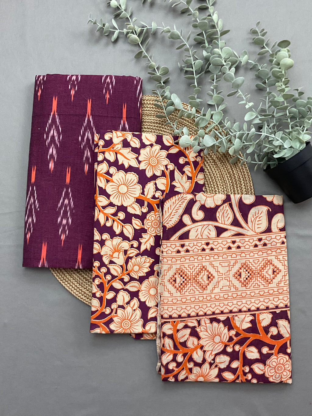 Purple Pochampally ikkat cotton dress material with violet Kalamkari dupatta and bottom - full 3 piece set