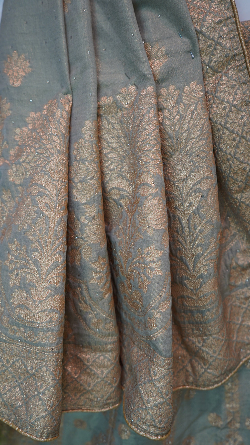 Sage Mint Handloom Banarasi Silk Lehenga with gold Zari Brocade