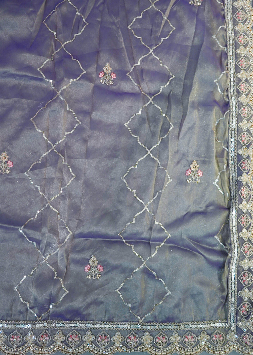Antique Mauve Handloom Silk Bridal Lehenga with Pastel Floral Embroidery